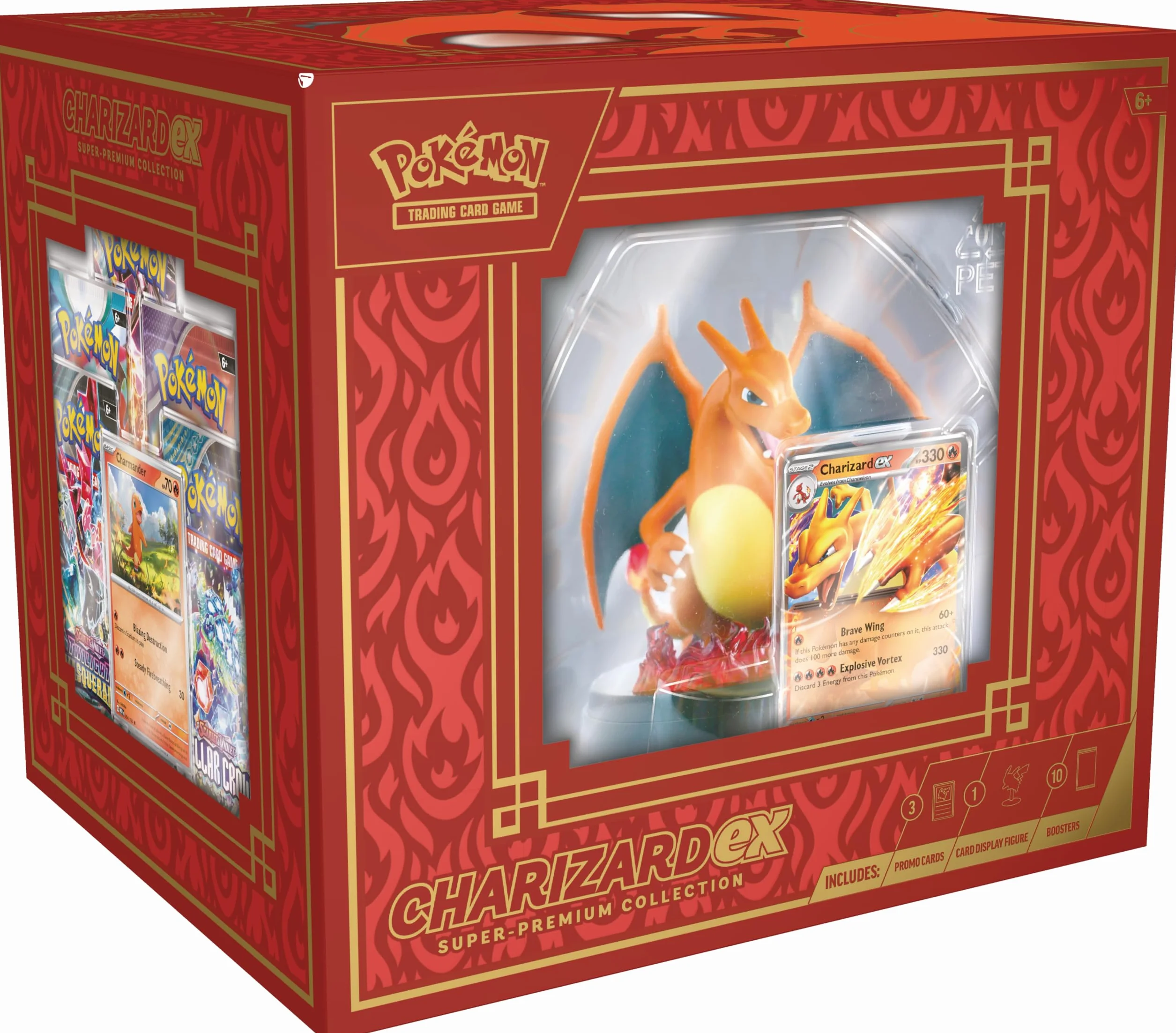 Pokémon: Colección superprémium Charizard ex (3 Cartas holográficas de promoción, 1 Figura para exhibir una Carta y 10 Sobres de Mejora)