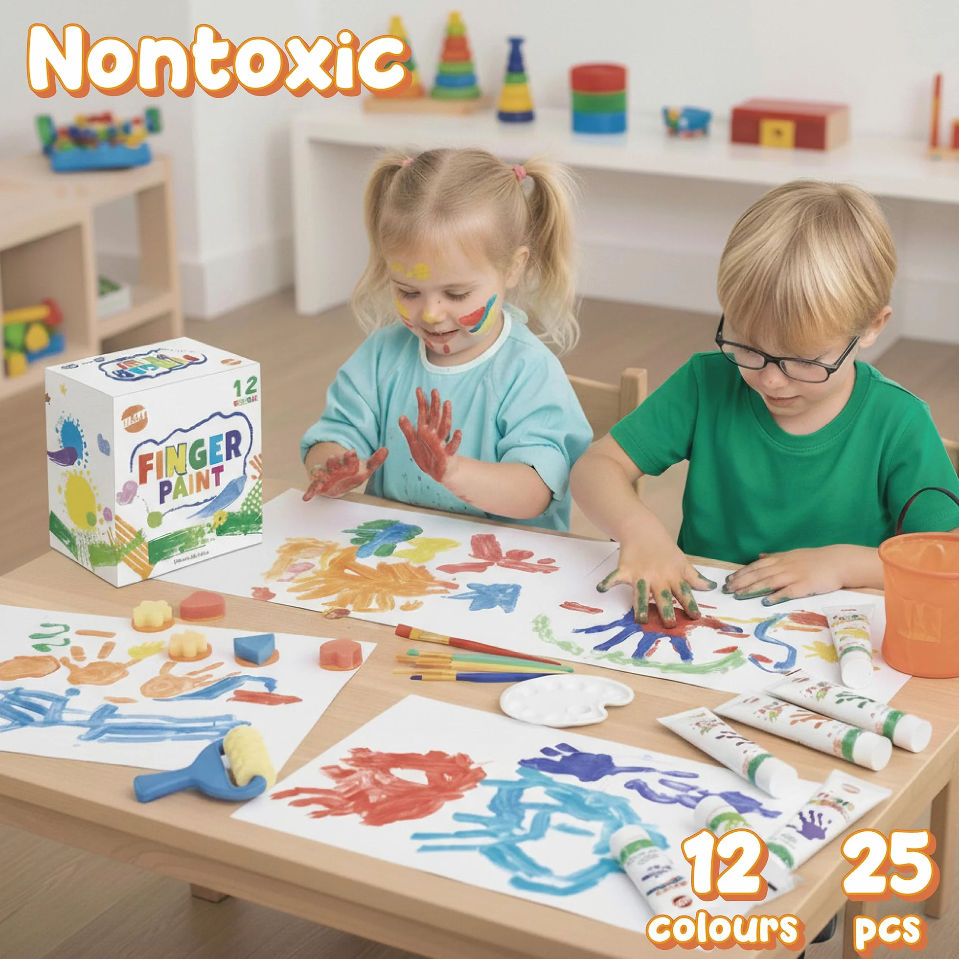 BLOT Pintura de Dedos para Niños Pequeños, Set de Pinturas de Dedos Lavables para Niños, 12 Colores (36ml cada uno), Incluye 7 Herramientas de Esponja, 6 Pinceles, Paleta y Cubo, A partir de 3 años