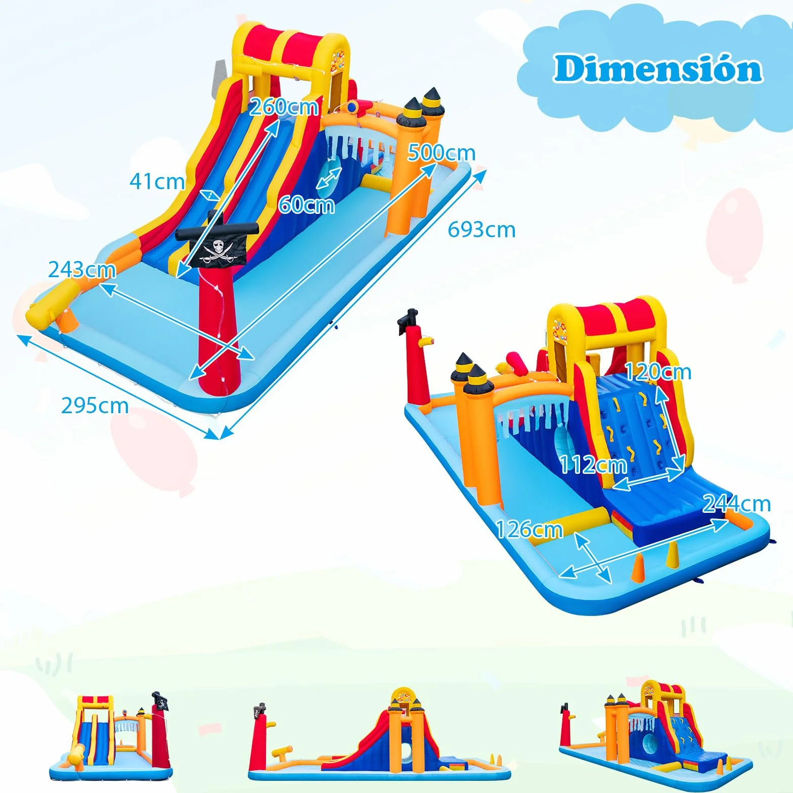 COSTWAY Castillo Hinchable Acuatico, 4 en 1 Castillo Hinchable para Niños 3-10 Años con 3 Niños, 693 x 295 x 263 cm, Seco y Agua, Insuflavel Crianças Interior Exterior
