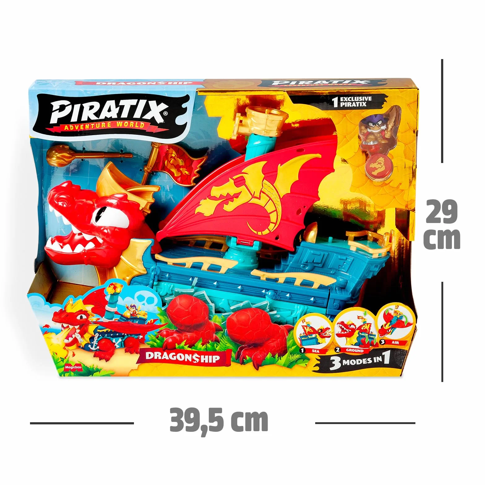 PIRATIX Dragon Ship – Barco Dragón de Piratix Todo Terreno 3 en 1: Tierra, Mar y Aire. Contiene 1 Barco Dragón, 1 Piratix Exclusivo, 1 Tesoro Exclusivo, 1 Bandera y 1 proyectil