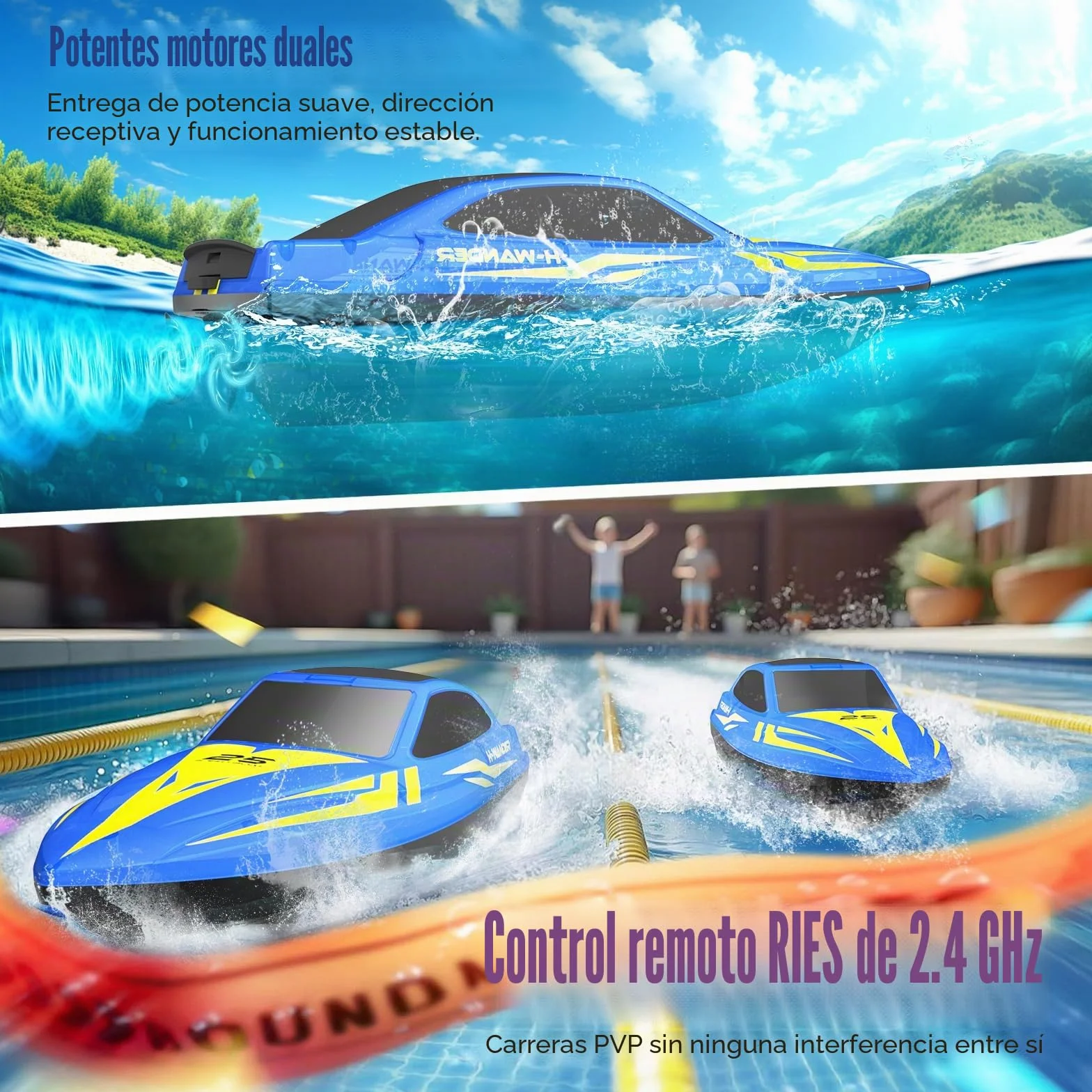 Barco Teledirigido Profesional con Luces LED, Lancha RC Alta Velocidad 2.4GHz 2 Baterías 120 Min Autoadrizable