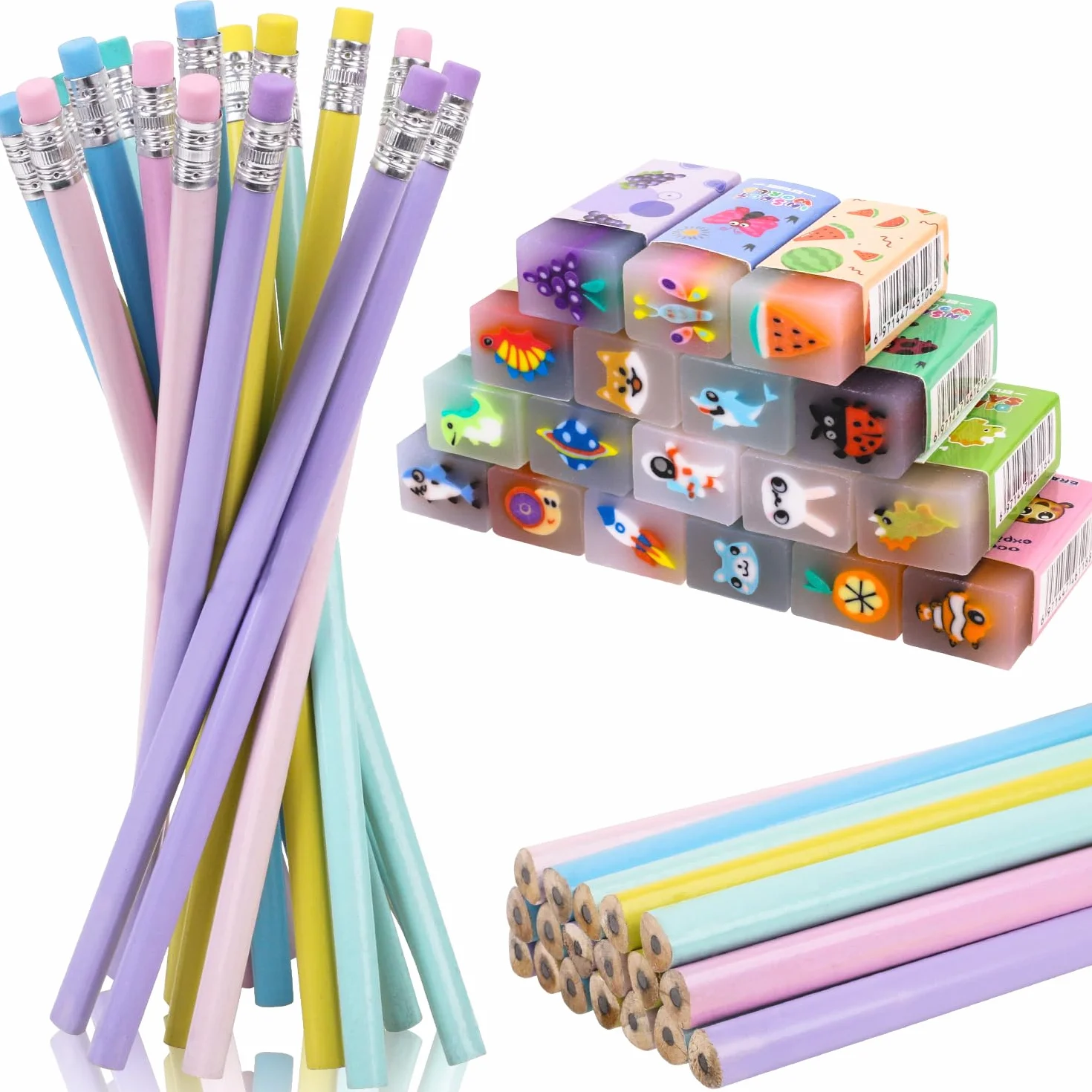 36 Piezas Lápices Infantiles con Borrador, Regalos para Cumpleaños Infantiles, 18 Borradores Divertidos 18 Lápices, Gomas de Borrar Divertidas para Niños y Niñas, Útiles Escolares
