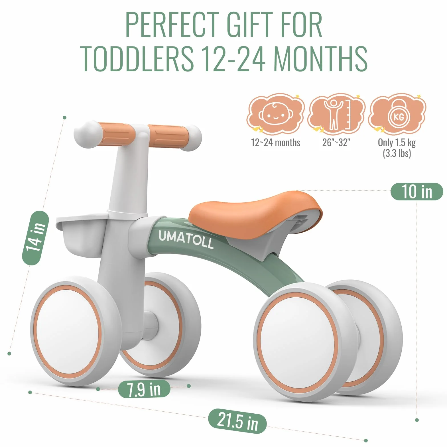 Umatoll Bicicleta sin Pedales para Niños 1 Año Equilibrio, Bici Bebe con Canasta, Verde
