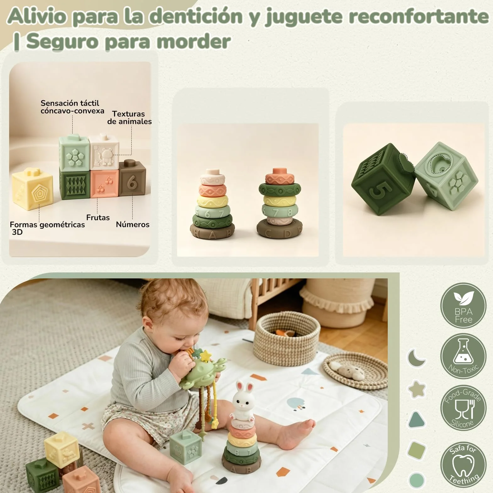 Juguetes Bebes 6 Meses, 5 en 1 Juguetes Montessori Bebes 6-12 Meses con Caja Pañuelos Bebe, Clasificación y Apilamiento de Formas, Bebe Mordedor & Educativos, Regalos Bebés Montessori 7 8 9 Meses
