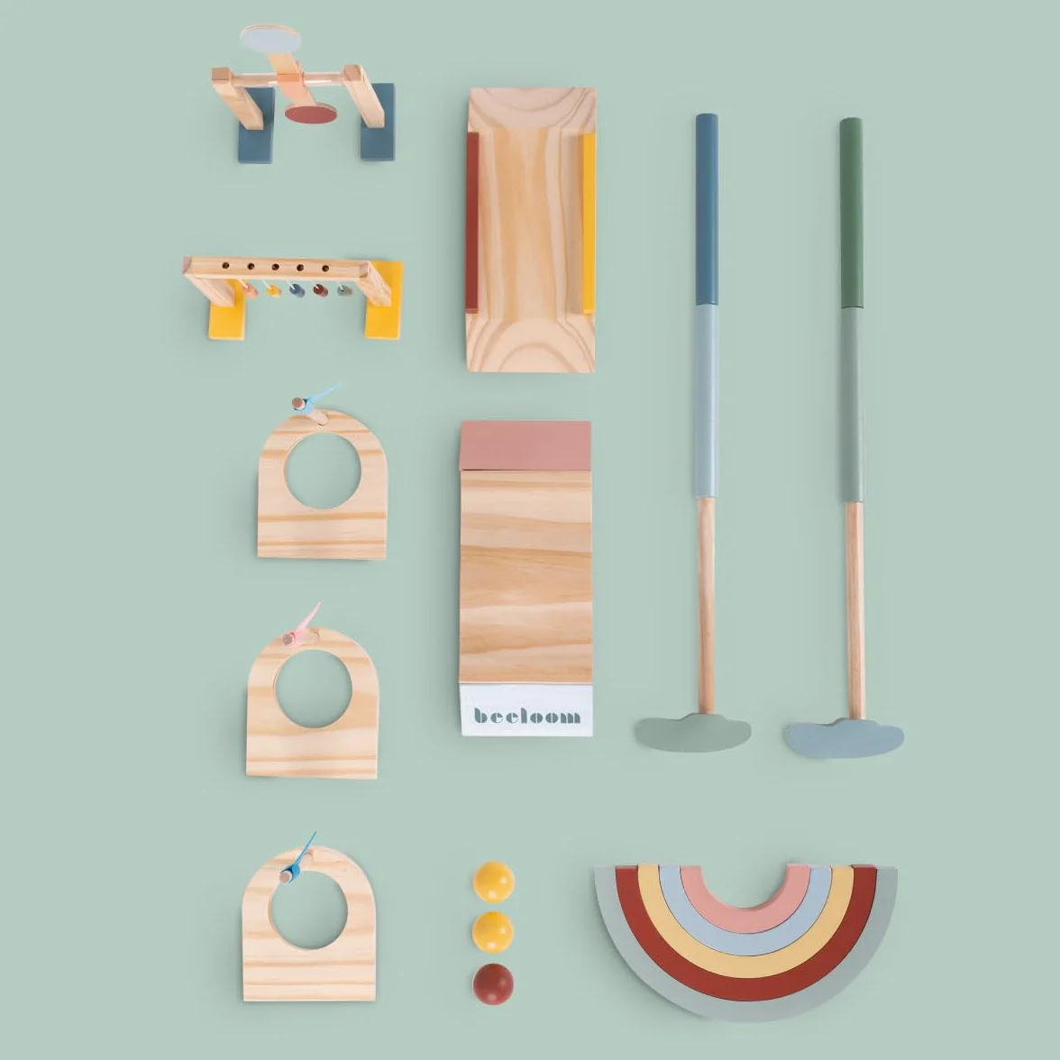 Beeloom – Mini Golf de Madera para Niños, Juego Educativo con Palos, Bolas y Obstáculos, Portátil para Interior y Exterior, Juguete Simbólico Multicolor, +3 Años