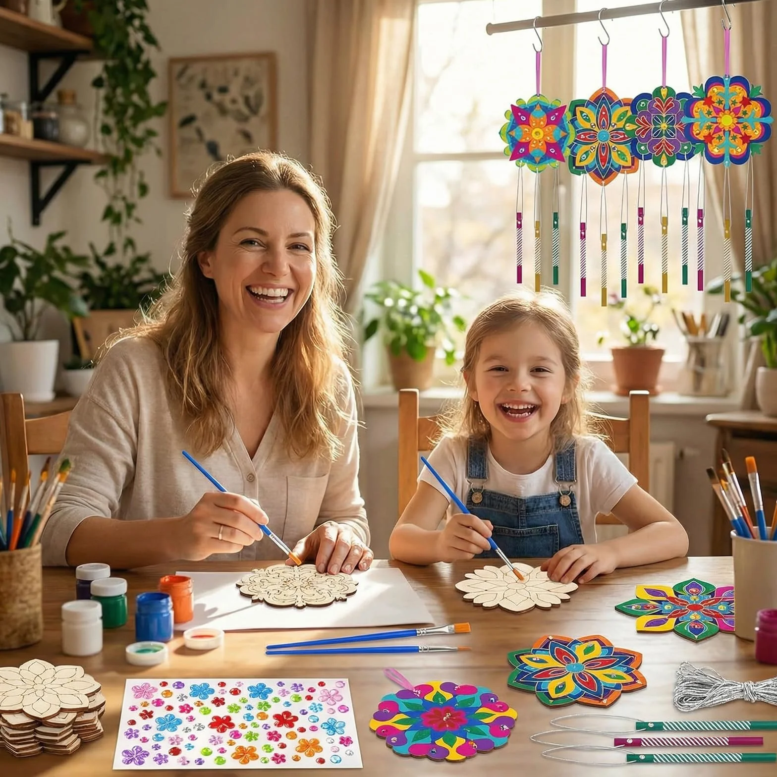 Juego de 10 carillones de viento para niños, manualidades, madera, carillones de viento para niños, mandala, juegos de manualidades de madera, decoración de jardín, creativos, para invitados, fiestas