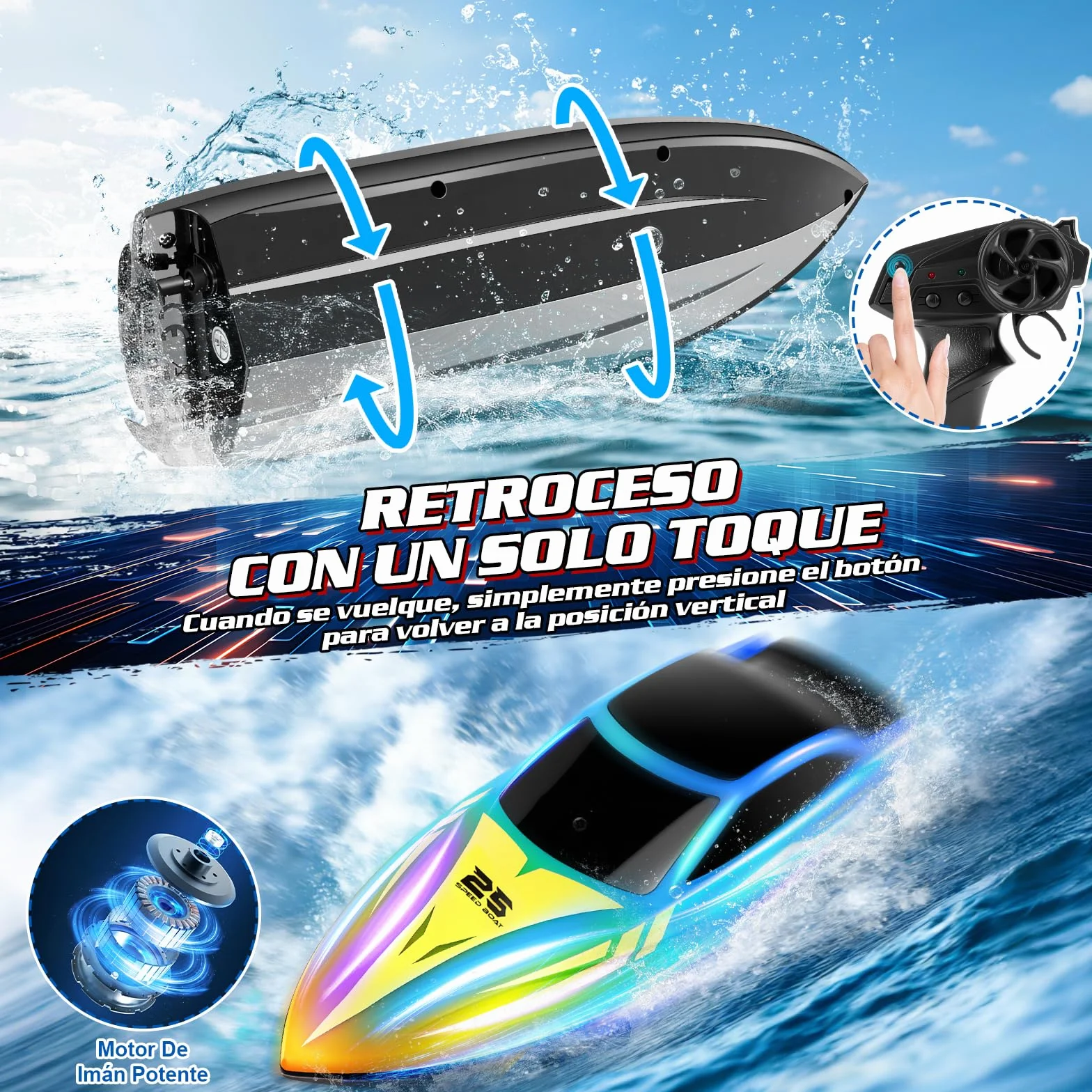 FORMIZON Barco Teledirigido, 2.4GHz Lancha Teledirigida con 7 Modos de Luces LED, 15 km/h Barco RC para Piscinas, más de 120 Minutos, Barcos Teledirigidos Juguetes de Piscina para niños (Azul)