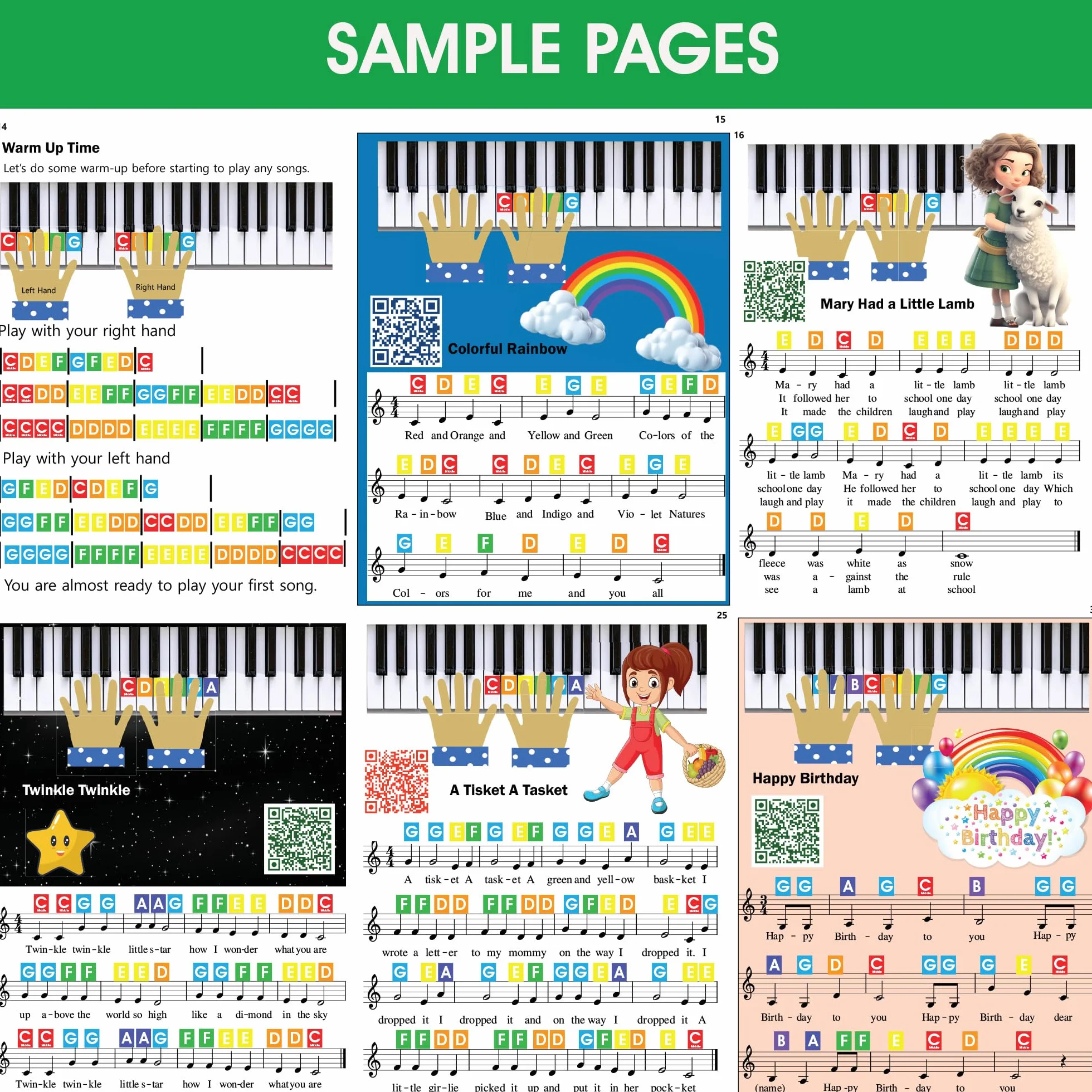QMG Calcomanía de piano y teclado de color arcoíris y libro de aprendizaje de piano para niños, instrucciones fáciles de seguir para niños, libro de piano para principiantes para niños, partituras de