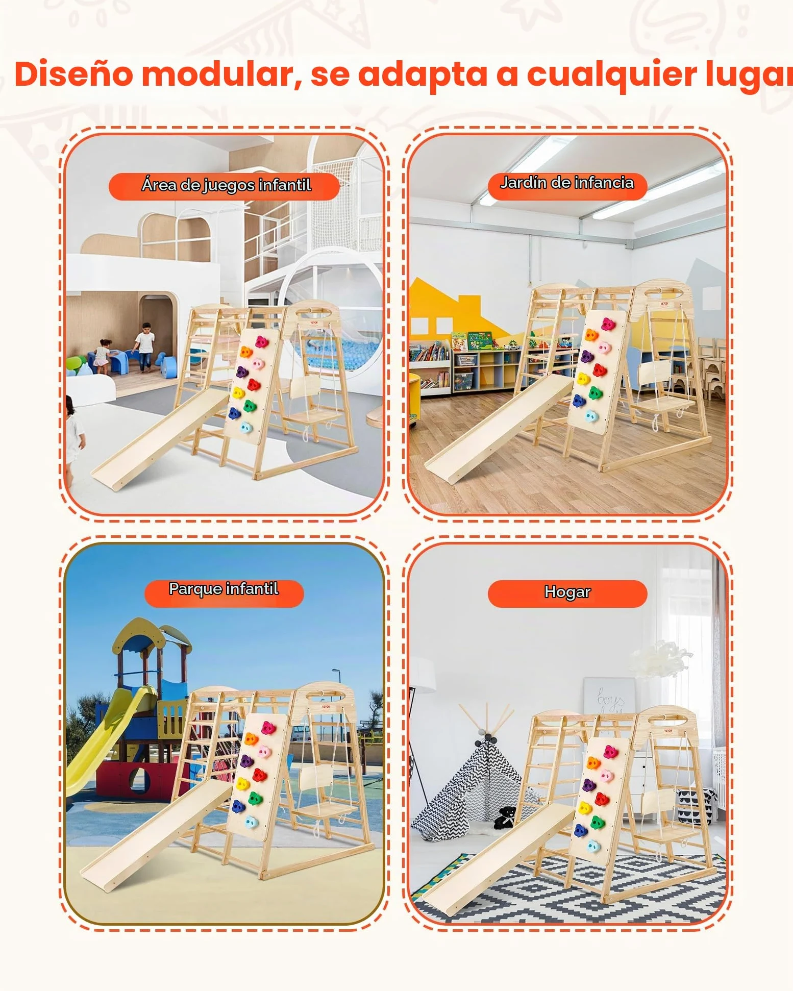 VEVOR Parque Infantil de Interior, Gimnasio de Interior para Niños de Madera, Multifunción con Juguetes de Escalada Tobogán Columpio Barras de Mono Escalera de Malla, Conjunto de Juegos para Niños