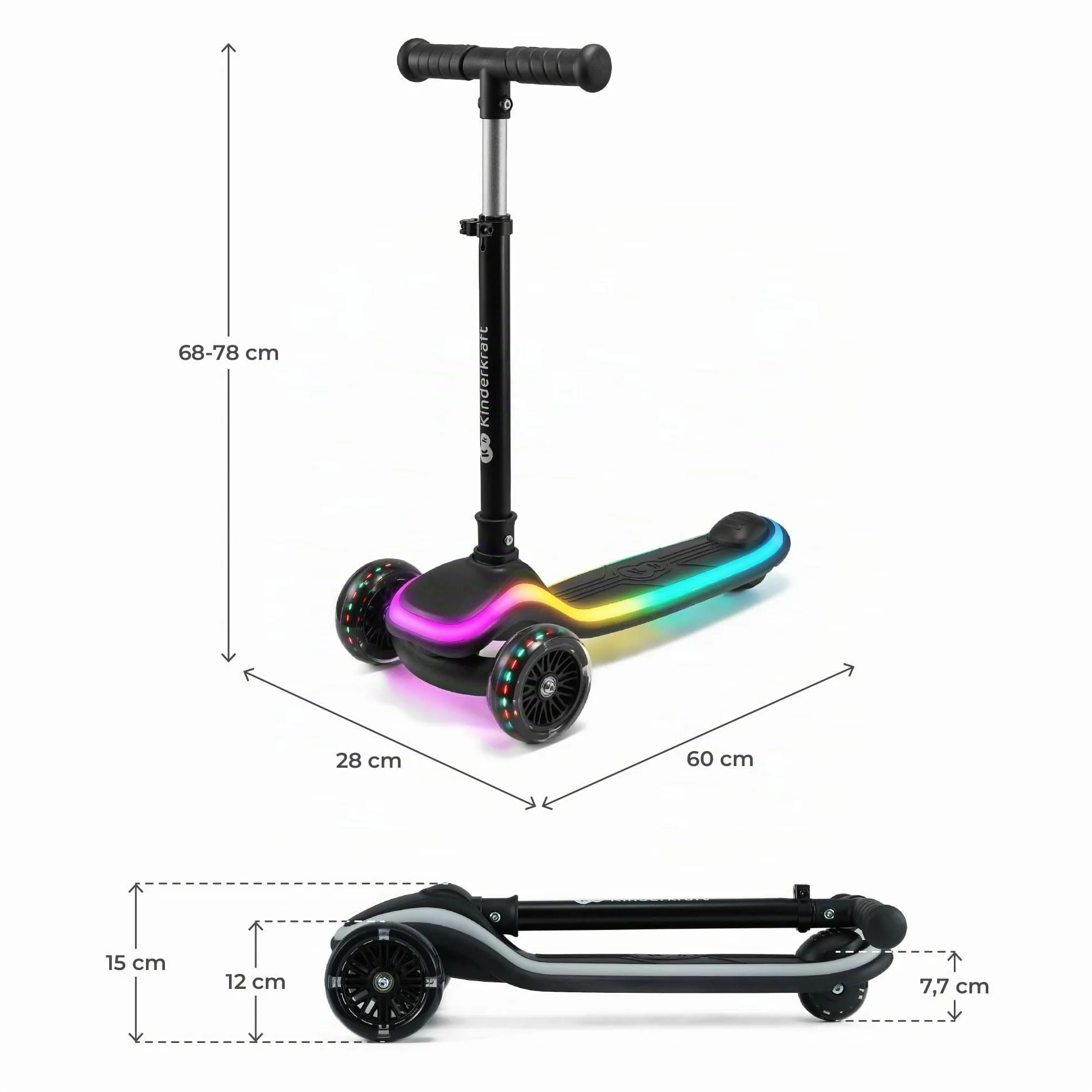 Kinderkraft RAKET Patinete para niños 1 año 50 kg Ruedas LED Manillar Regulable Altura Negro