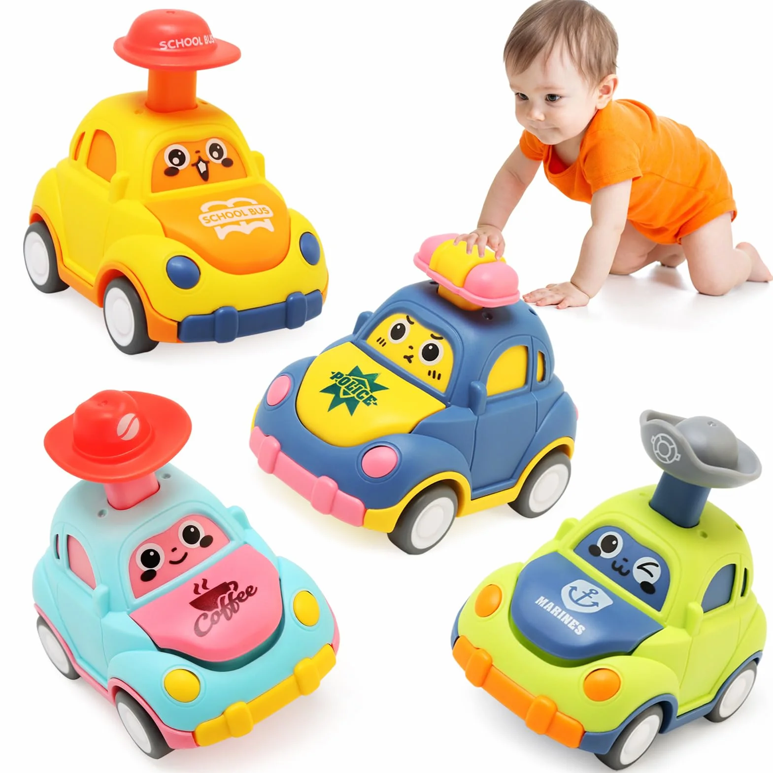Coches Juguete para Bebes 1 Año, 4 Piezas Press-and-Go Conjunto de Vehículos para Niños Pequeños de 1 2 3 Años, Camiones De Juguete de Educación Regalos para 12 18 24 Meses Niños Niñas
