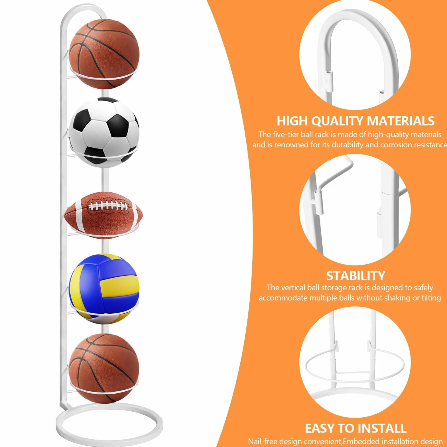 Estante vertical para pelotas de metal Blanco 5 pisos, soporte balón fútbol, baloncesto y vóley