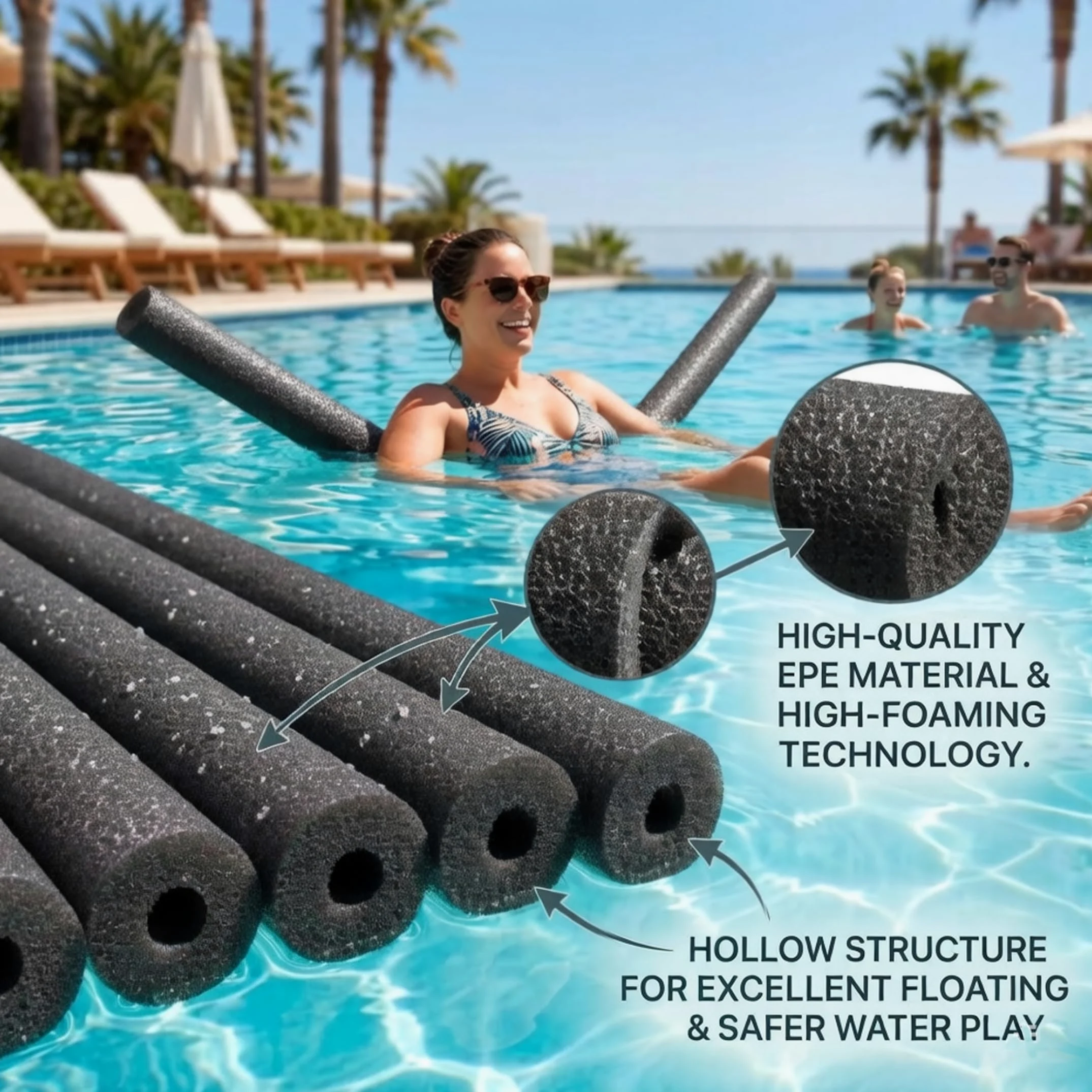 Black Pool Noodles, Paquete de 3 Espuma Hueca de 52 Pulgadas | Estructura flotante liviana, ideal para fiestas en la piscina, adecuada para todas las edades