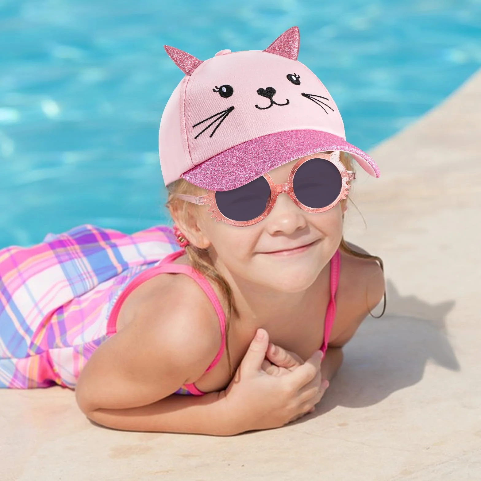 Gorra de Béisbol para Niñas con Orejas de Gato, Gafas de Sol Protección UV Ajustable Sombrero de Lentejuelas Visera