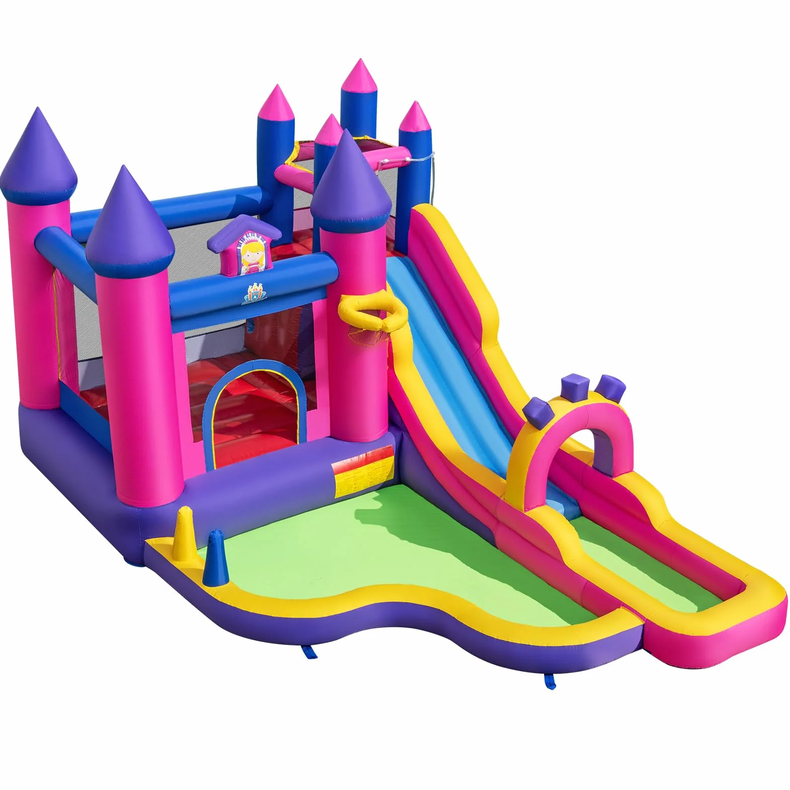 COSTWAY Castillo Hinchable para Niños, Parque Infantil Acuático Tema de Princesas con Tobogán Largo, Canasta de Baloncesto, insuflavel criança para Niños, Jardín, Césped, 460x290x245 cm (sin Soplador)