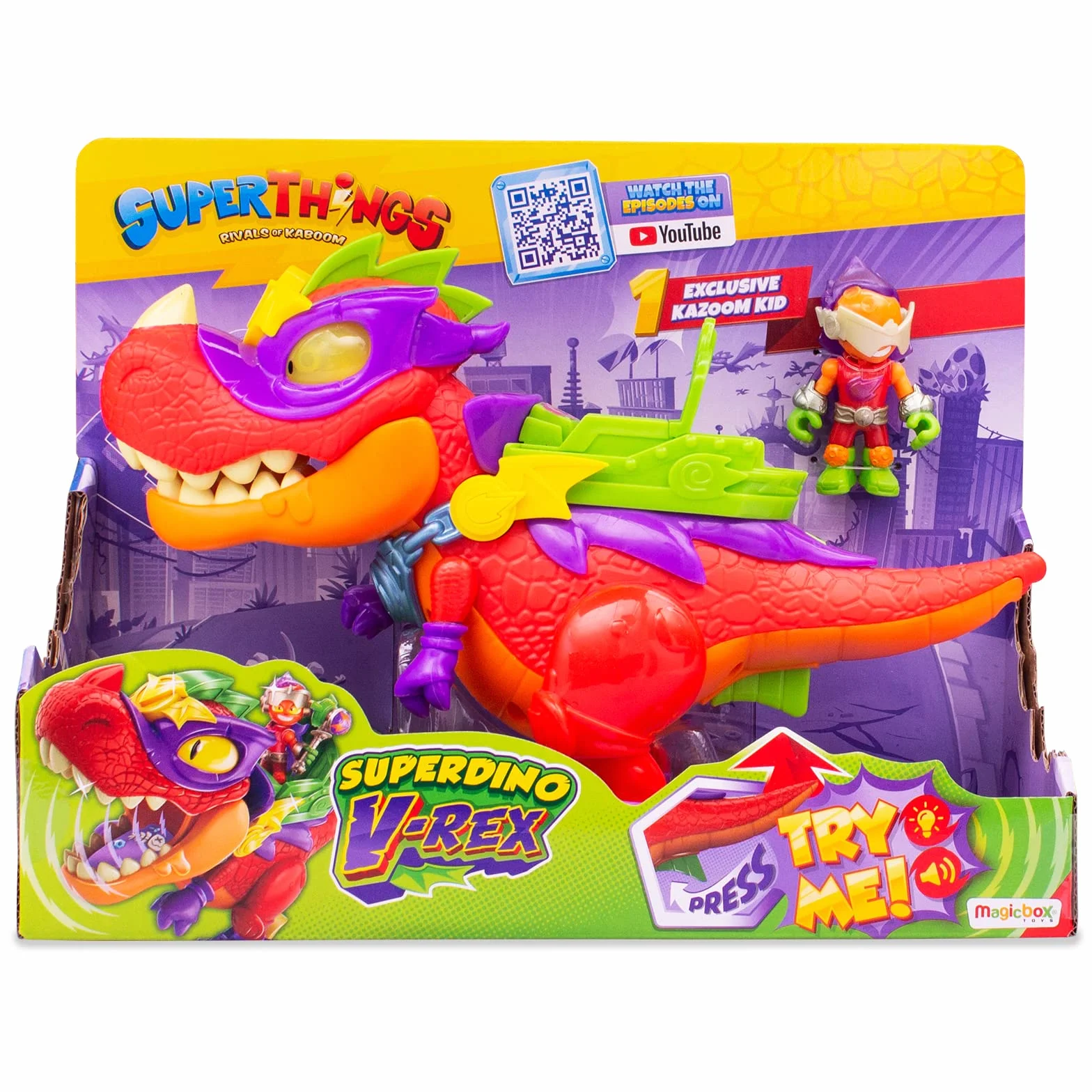 SUPERTHINGS RIVALS OF KABOOM Superdino V-Rex, Dinosaurio articulado Villano con Efectos de luz y Sonido, 1 Kazoom Kid y 1 SuperThing