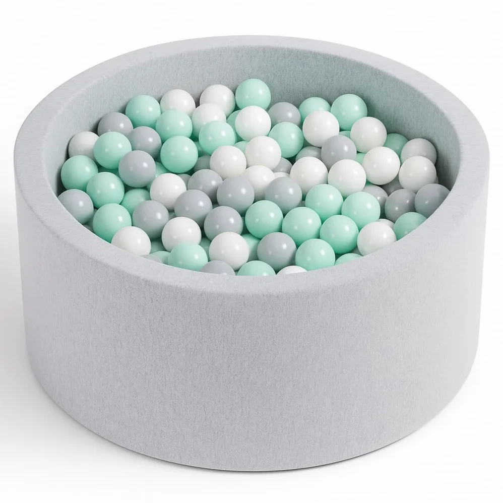 Angelove Piscina de Bolas Ø 90 × 30 cm con 200 Bolas - Piscina Redonda de Espuma con Funda Extraíble, Gris Claro: Menta/Gris/Blanco