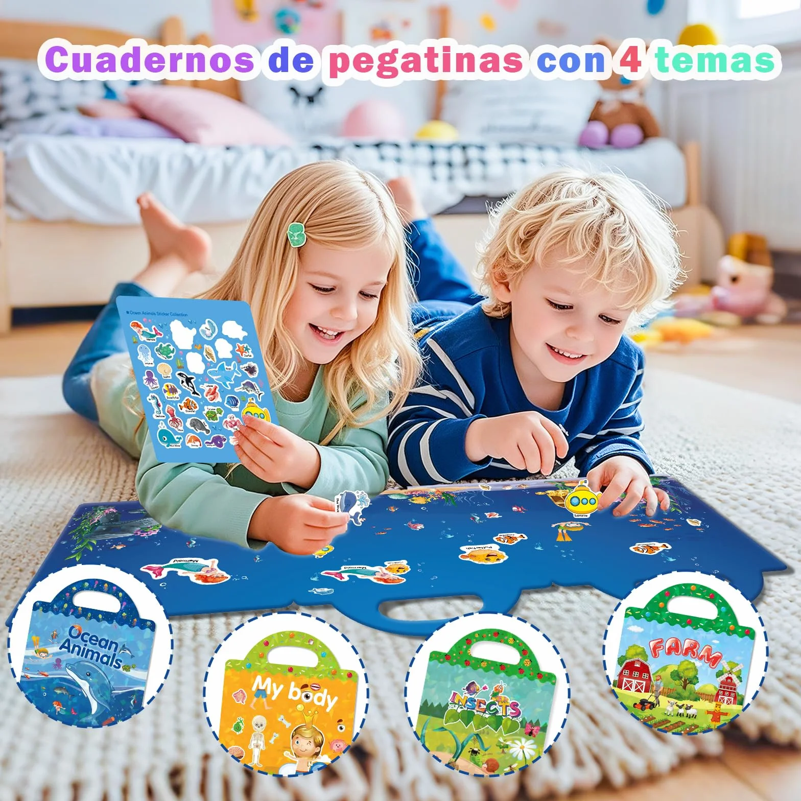 GUYUCOM Paquete de 4 libros de pegatinas reutilizables, juguetes para niños de 2, 3, 4 años, pegatinas 3D transparentes para granja de insectos oceánicos, juguete educativo, regalos de cumpleaños