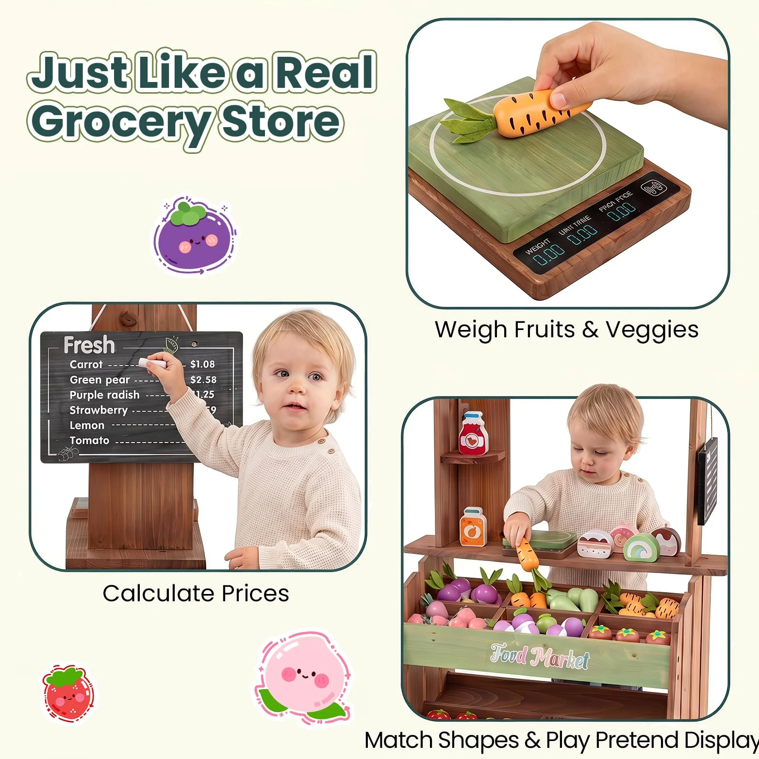 HOMASIS Puesto de Mercado Infantil | Tienda de Comestibles de Juguete con Pizarra, Toldo, Compartimentos, Cajas, Accesorios y Estructura de Madera de Abeto