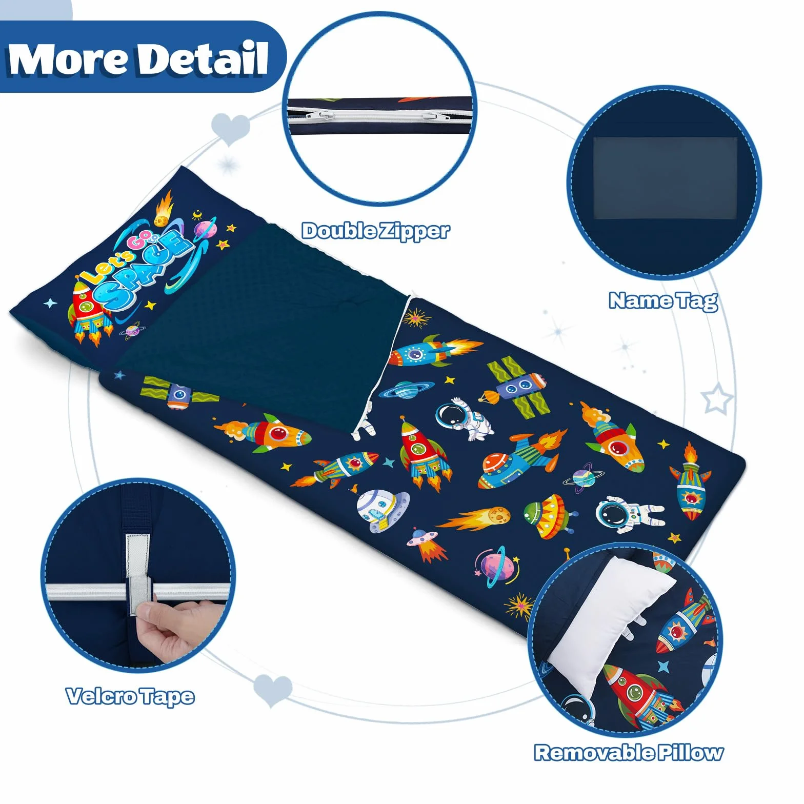 Saco de Dormir para Niños con Almohada, Tapete de Siesta para Niños y Niñas, Cálido Saco de Dormir de 150 x 60 cm, Tapete de Dormir Enrollable con Doble Cremallera