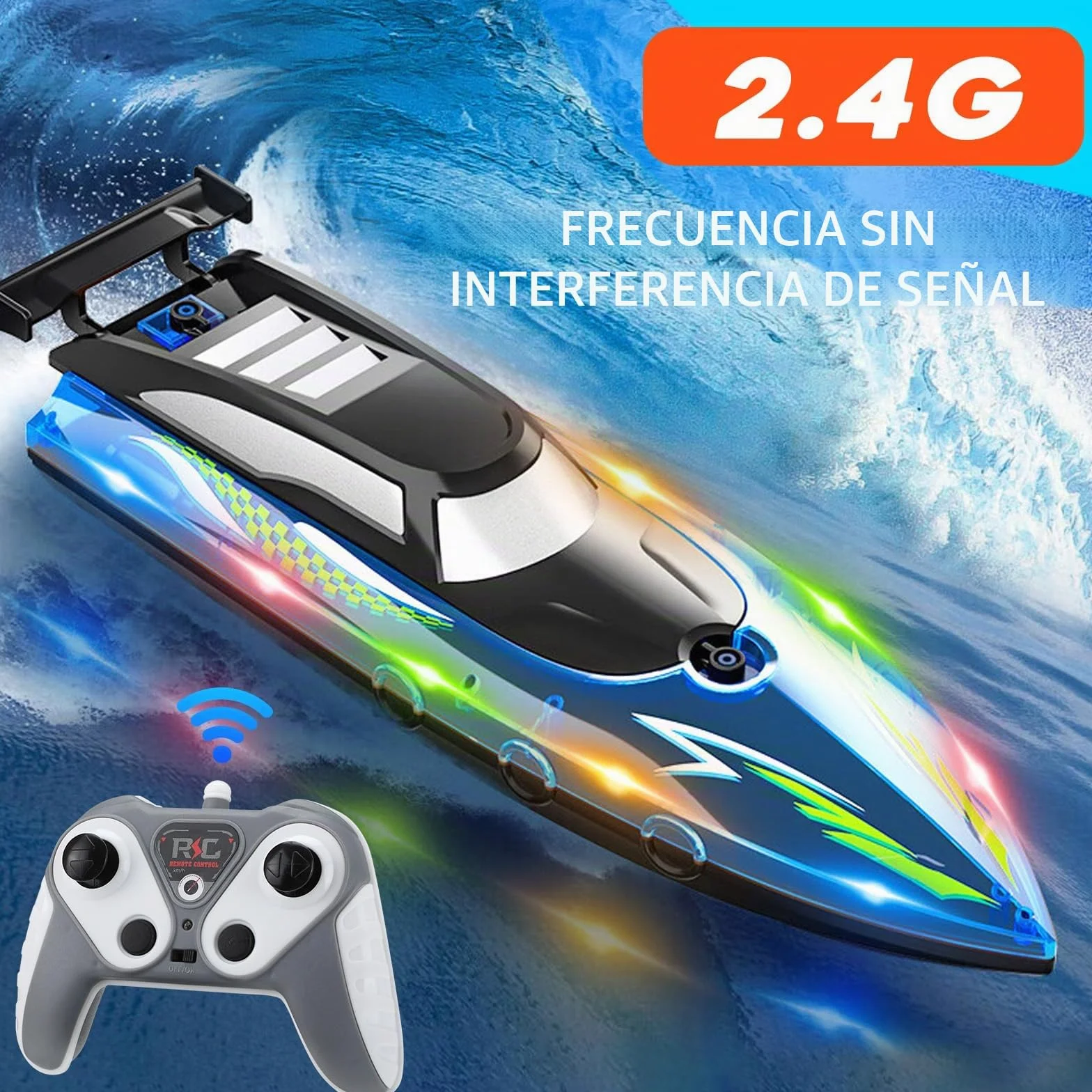 Barco de Control Remoto, 2.4 GHz Barco eléctrico Impermeable de Alta Velocidad con 2 baterías Recargables y luz LED Barcos eléctrico inalámbrico Ship de Carreras para niños Adultos (Blue)