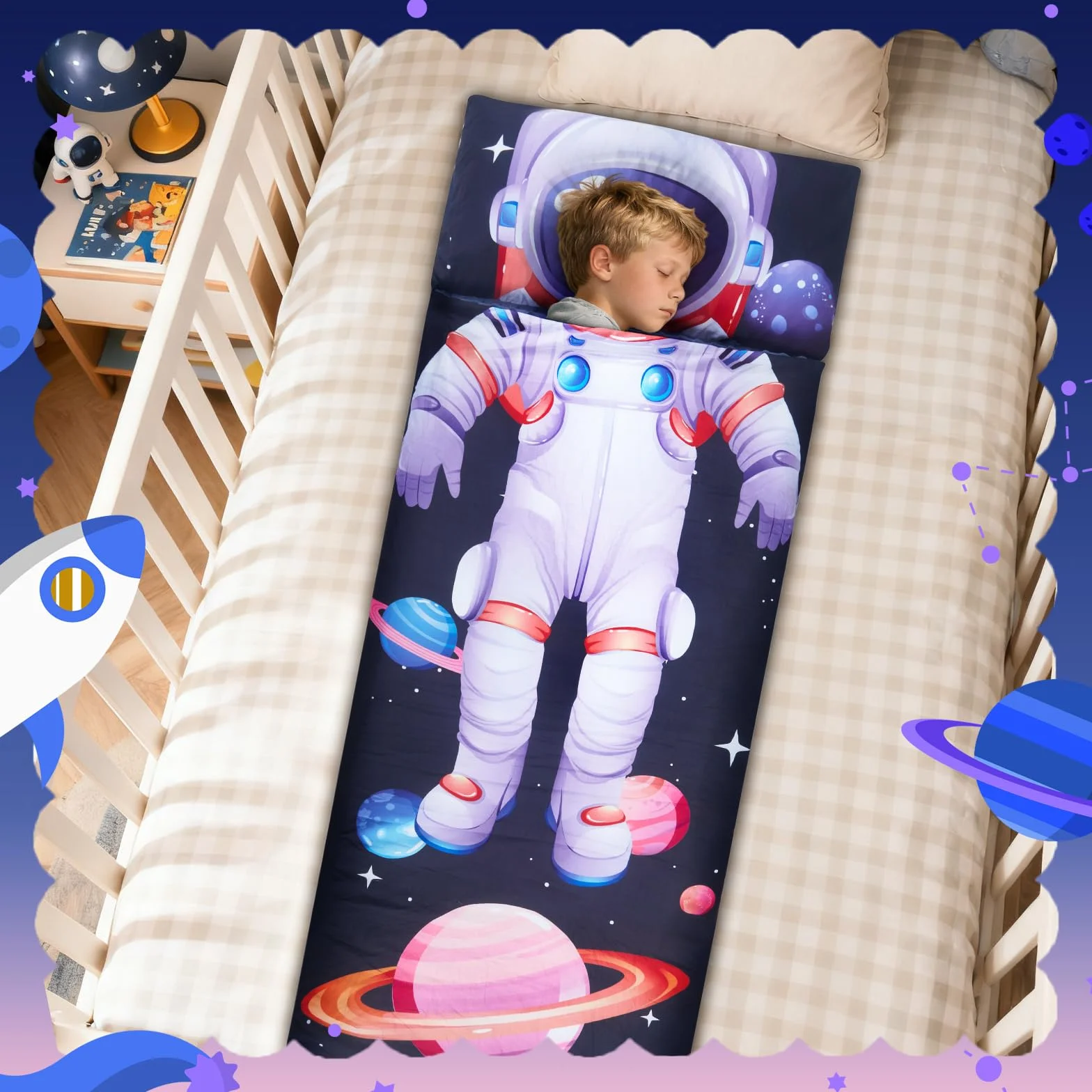 Saco de Dormir Infantil para Niños y Niñas 3-8 Años (120x60 cm), de Algodón con Forro Polar, Ligero y Cálido con Almohada Desmontable, para Guardería, Viaje y Camping