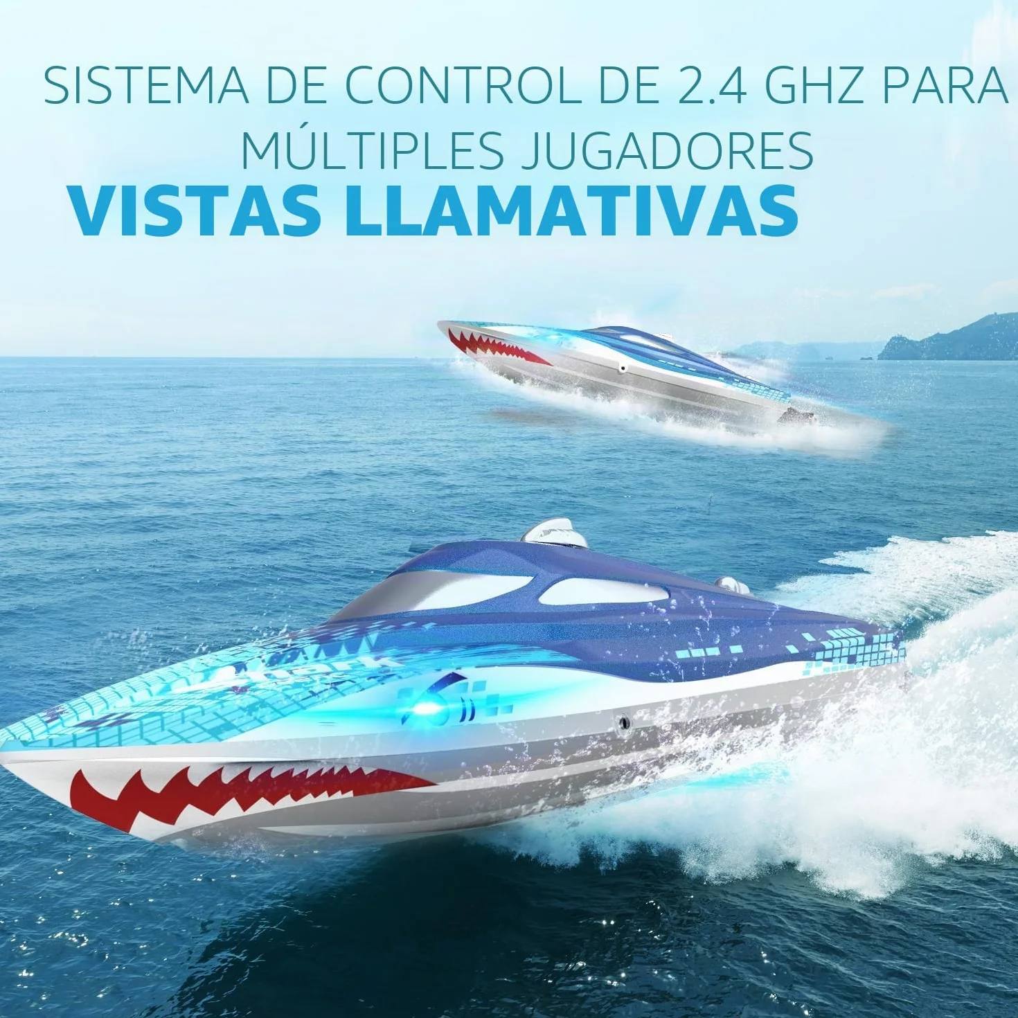 DEERC RC Boat con iluminación LED, barco tiburón teledirigido para piscinas y lagos, más de 20 km/h, barco de carreras de 2,4 GHz, juguete de piscina para niños a partir de 8 años