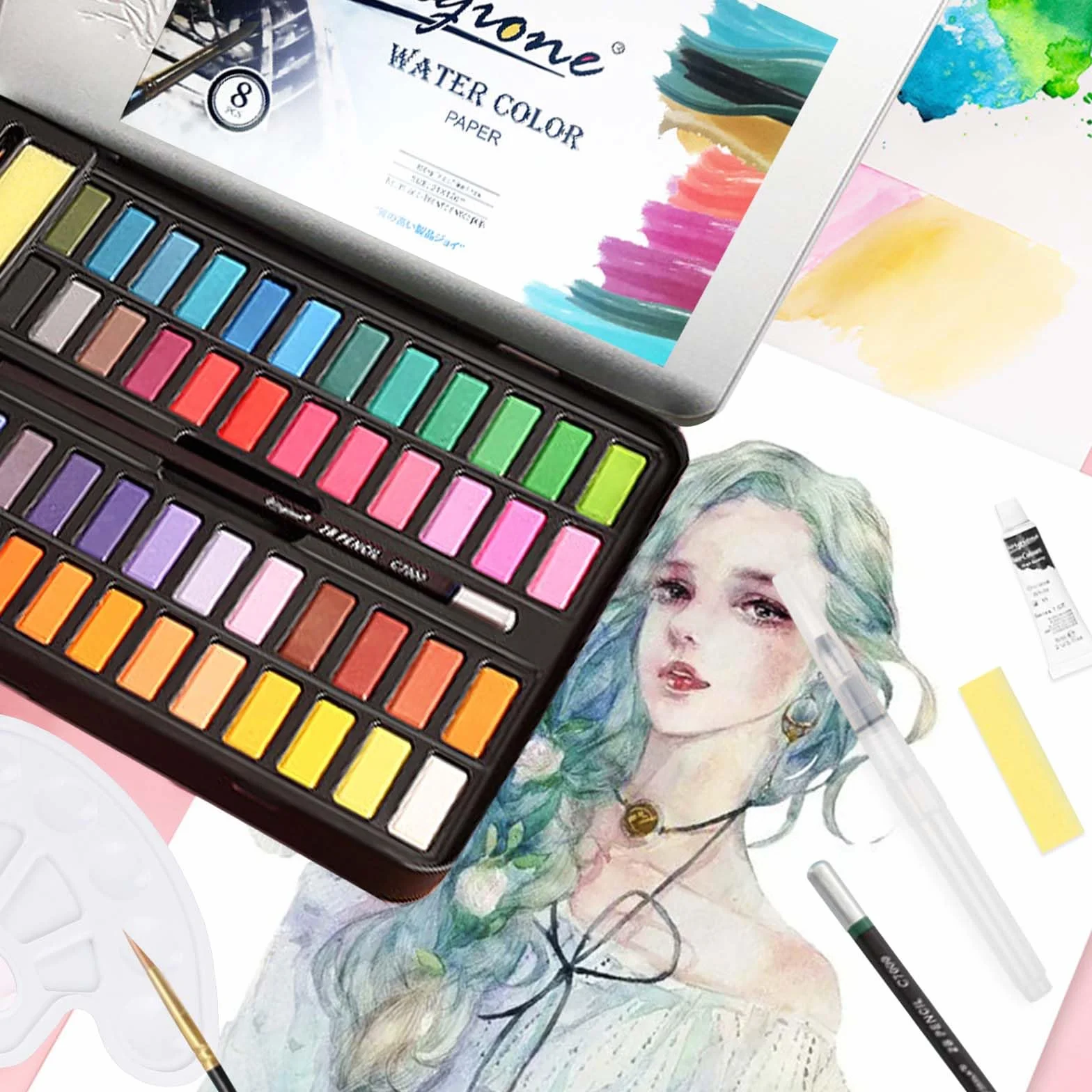 Juego de Acuarelas Profesionales 48 Colores,Set De Pintura De Acuarela,Incluyendo Pincel y Pinceles de Agua,Paleta Acuarela,etc,para Principiantes y Profesionales