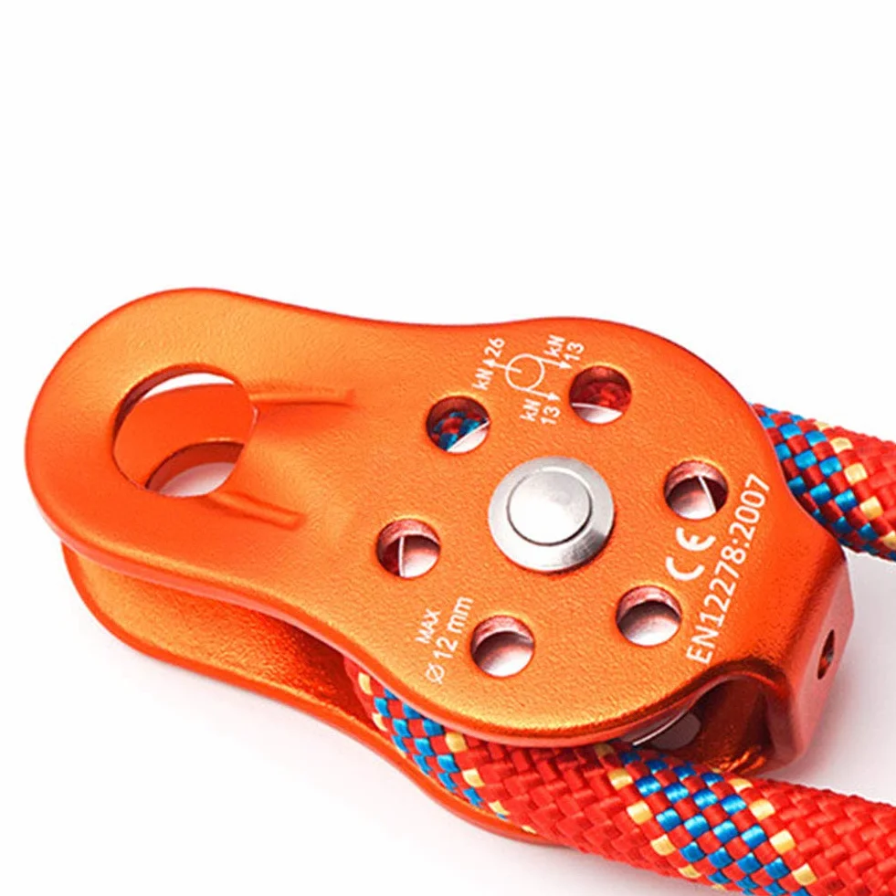 Polea de Escalada 26 KN Bloque de Polea de Cuerdas de Aluminio Mini Rescate Simple para Cuerdas de 12mm (Naranja)