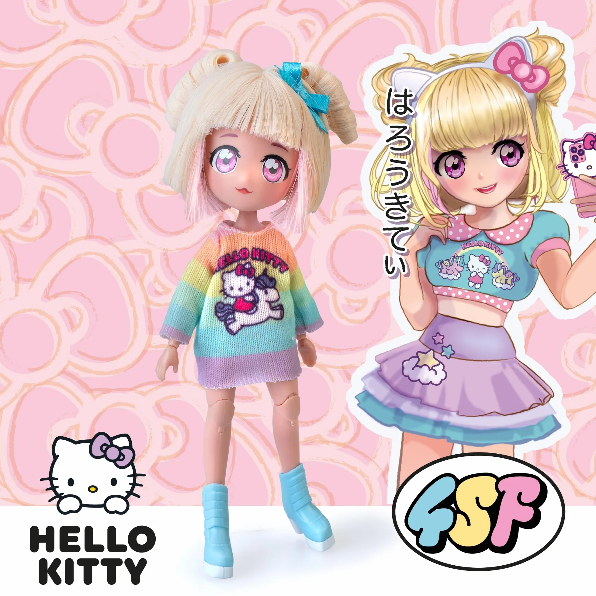 4SF - Hello Kitty Manga Fashion Unicorns, Muñeca Fashion Japonesa, Figura de 19,5 cm con 15 Puntos de Articulación, Incluye Falda Ra-Ra, Calentadores y Diadema con Orejas, Famosa (HKTF2000)