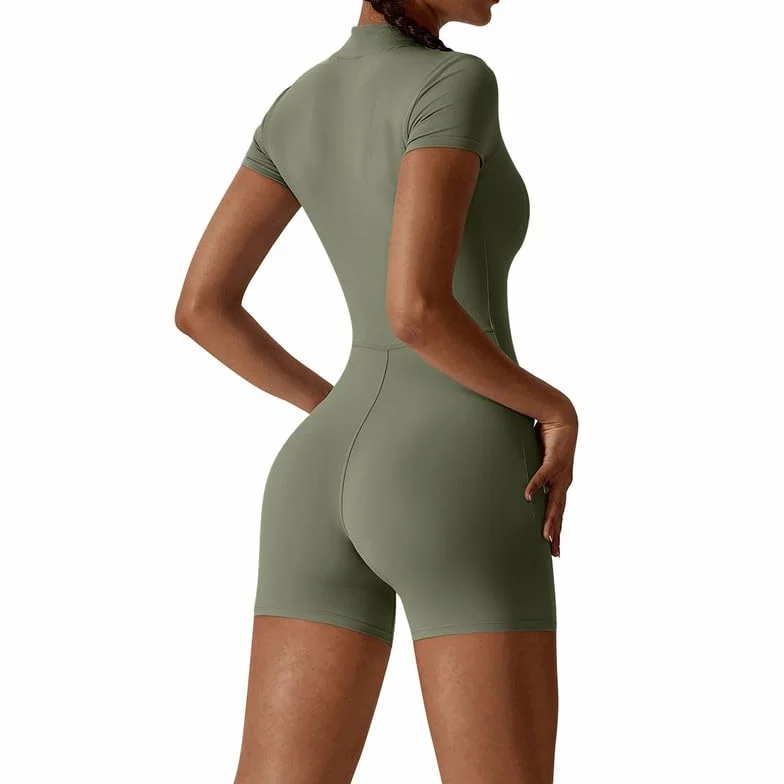 Litthing Mono Deportivo Mujer Corto Cremallera Elásticos Mangas Cortas Jumpsuit Sexy Ajustado Bodysuit Una Pieza Push Up Fitness Body Overol