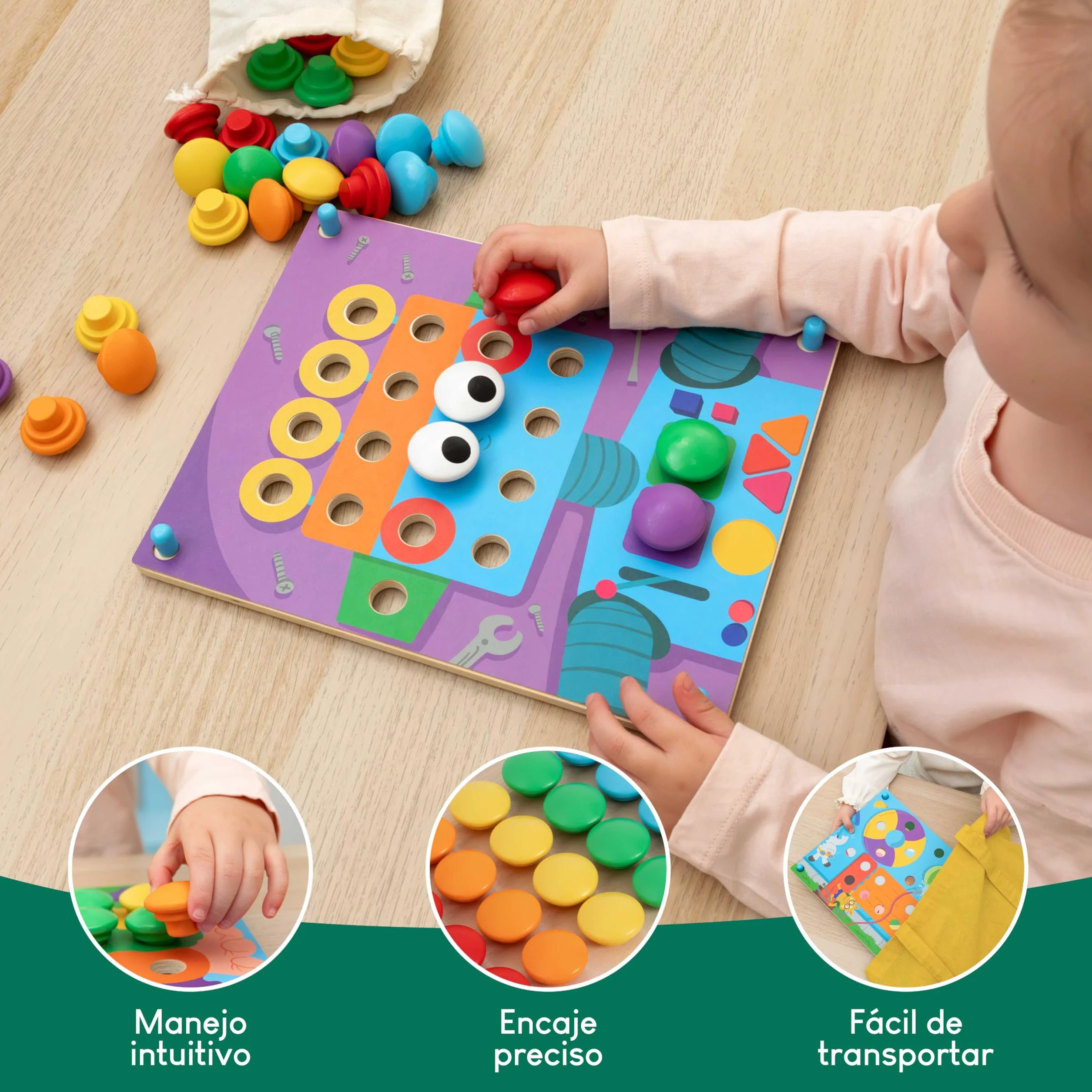 BONNYCO Puzzle Madera 50 Plantillas 32 Botones Mosaico Infantil Motricidad Fina Rompecabezas Juguetes Niños 2 Años Juegos Educativos Montessori