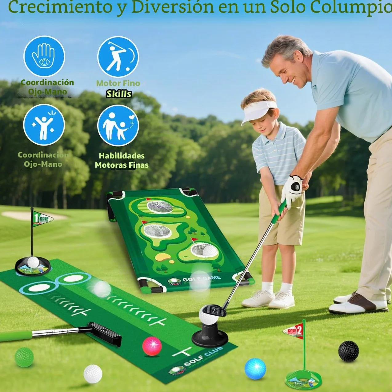 TERRAMUS Set de Golf 3 en 1 para Niños con Devolvedor de Golf Automático de Dinosaurio, Tablero de Cornhole de Golf, Pelotas Iluminadas con LED, Tapete de Putting,Juguetes,Juegos de Mini Golf Pequeños