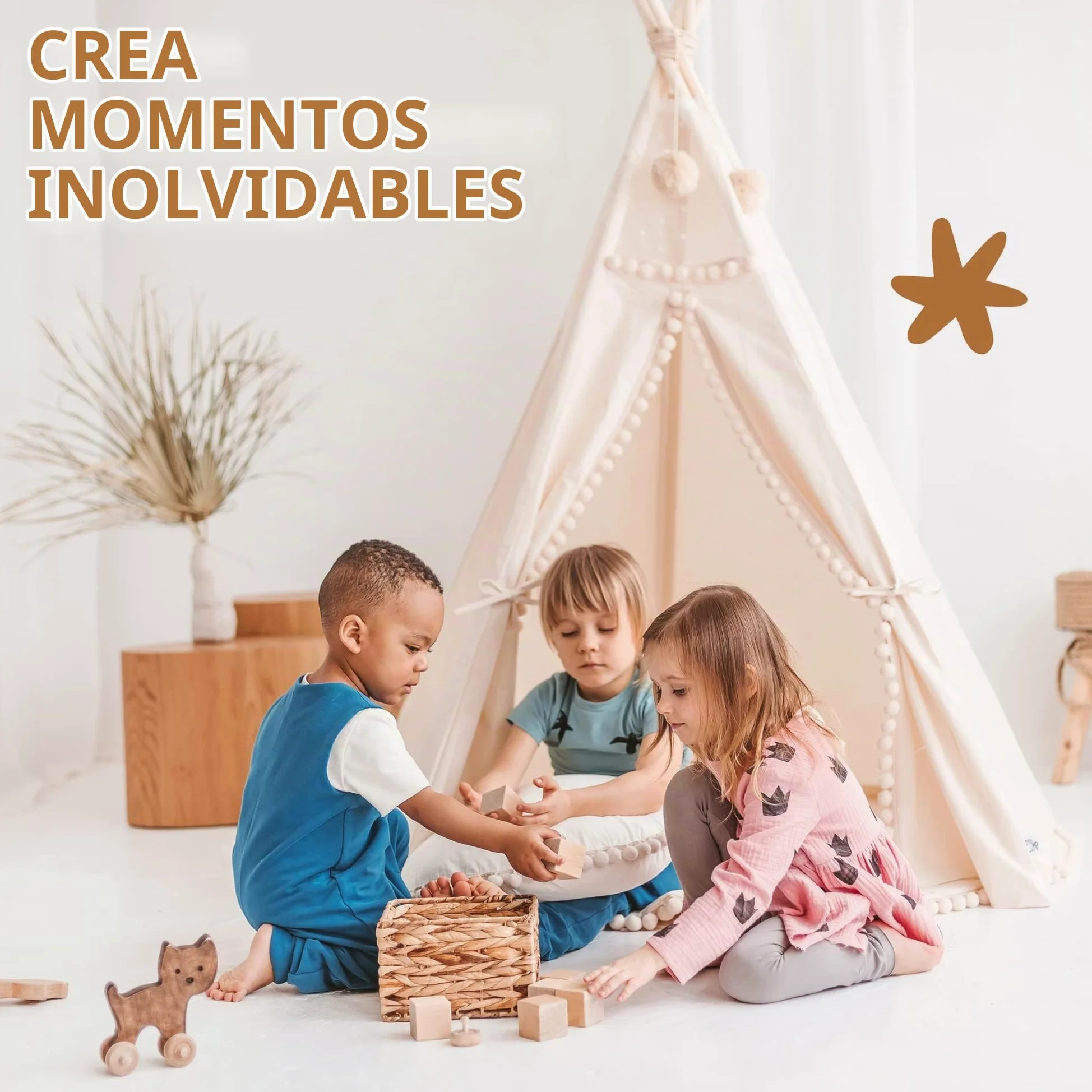 MINICAMP Teepee Original para Niños, Tienda de Campaña de Lona Natural de Algodón con Madera Hecha a Mano, Tienda de Juego Interior para Dormir para Niñas y Niños con Pompones