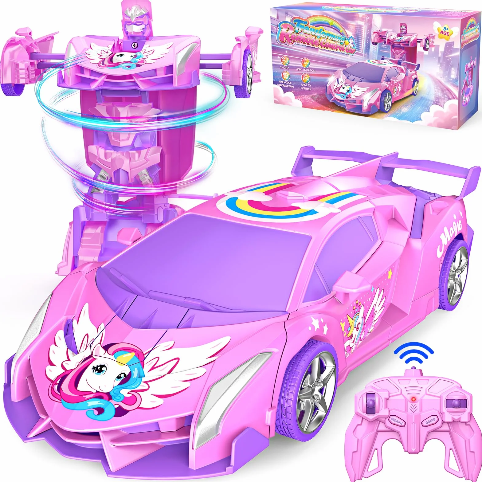 Unicornio Coche Teledirigido Niña, 2 en 1 Radiocontrol Transformar Coche RC 2,4GHz & Rotación 360°, Robot Unicornio Juguetes Niña 3 4 5 6 7 8 9 Años, Regalo Cumpleaños Navidad para Niños de Pascua