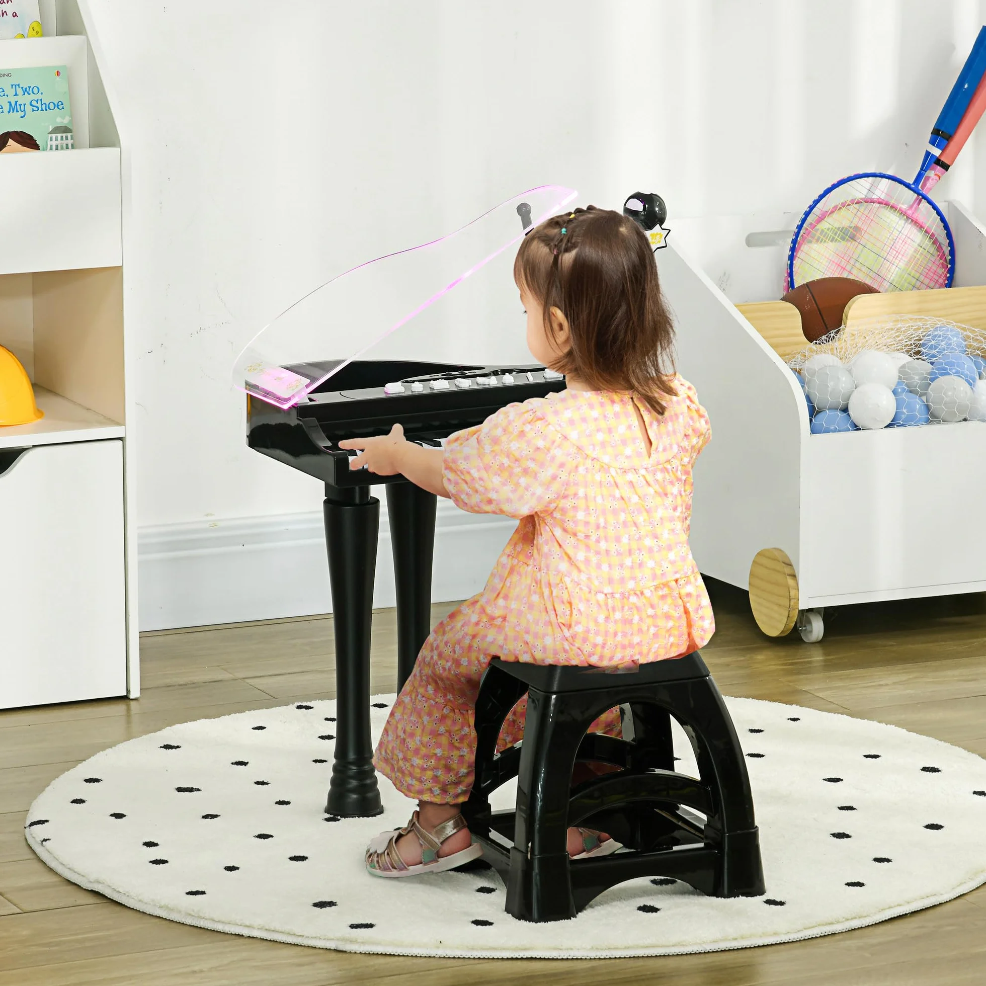 AIYAPLAY Piano Electrónico Infantil de 32 Teclas Juego de Piano con Micrófono Taburete Luces 22 Canciones 4 Sonidos Patas Desmontables y Volumen Ajustable 37x30,5x60,4 cm Negro