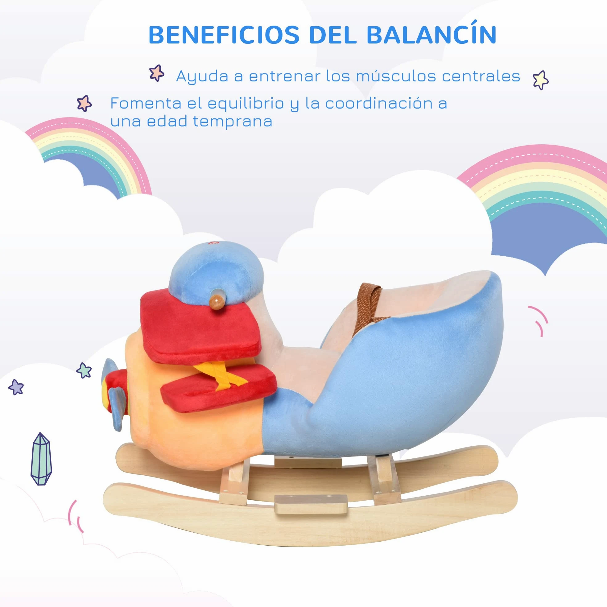 HOMCOM Caballo Balancin Niño Avion Peluche+Musica Cinturon Seguridad Caballito Infantil