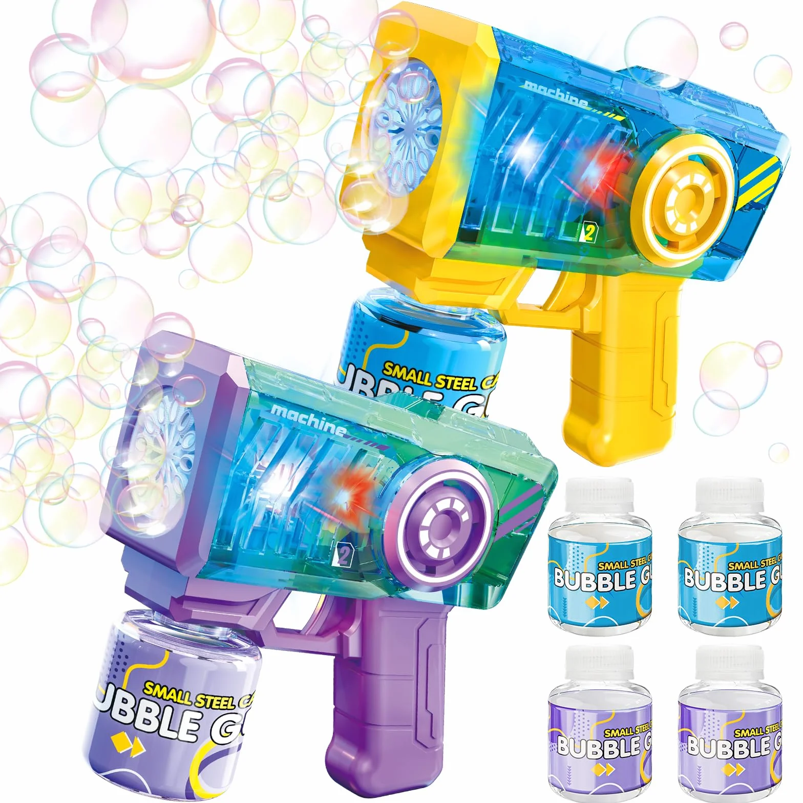 deAO 2Pcs Pistola de Burbujas para Niños, Pistola Burbujas LED con Luces, 4 * 90ml Solución, 360°a Prueba de Fugas, Automatic Maquina Burbujas Juguetes Niños Regalos Cumpleaños Boda Juegos Exterio