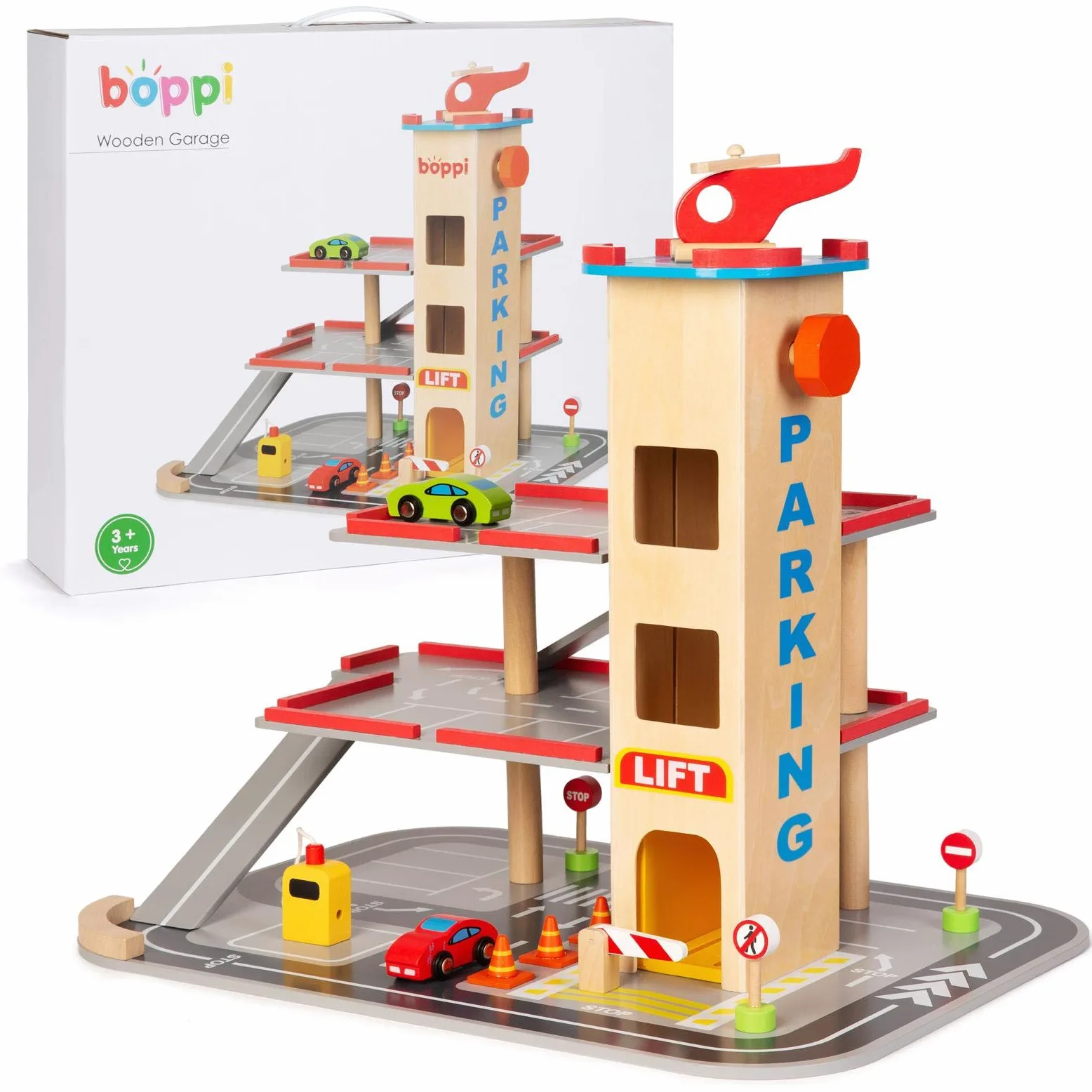 boppi Garaje y Aparcamiento de Madera de Juguete de 39 cm de Alto para niños de 12 Piezas, con Ascensor Funcional a Las 3 Plantas, gasolinera, señales de tráfico, 2 Coches de Juguete y un helicóptero