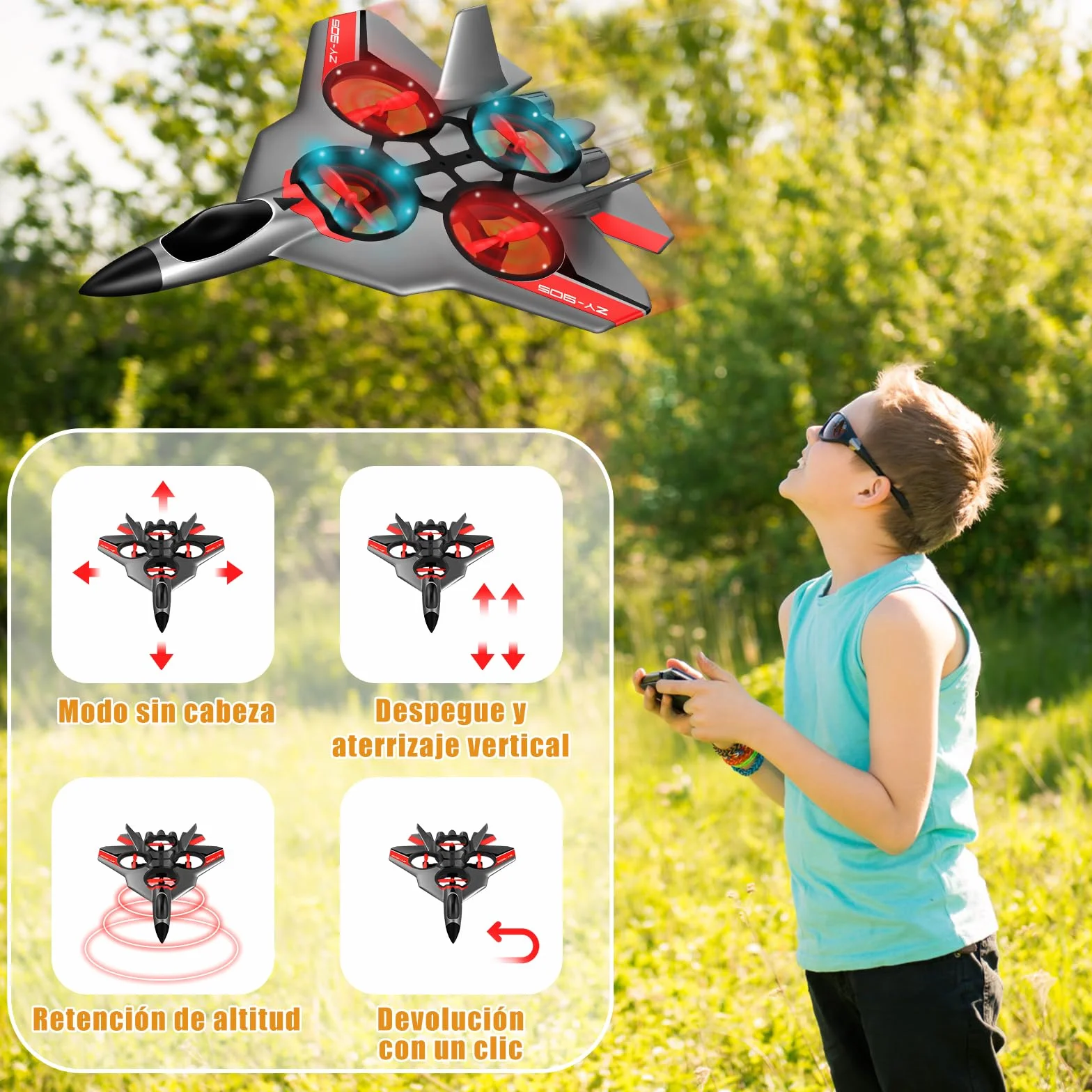 JONRRYIN Avión Teledirigido, 2.4 GHz Aviones de Radiocontrol con Baterías y Estabilizador de Giroscopio de 4 Ejes, Avión RC Juguete con Luz LED para Principiantes Niños Adultos (Gris)