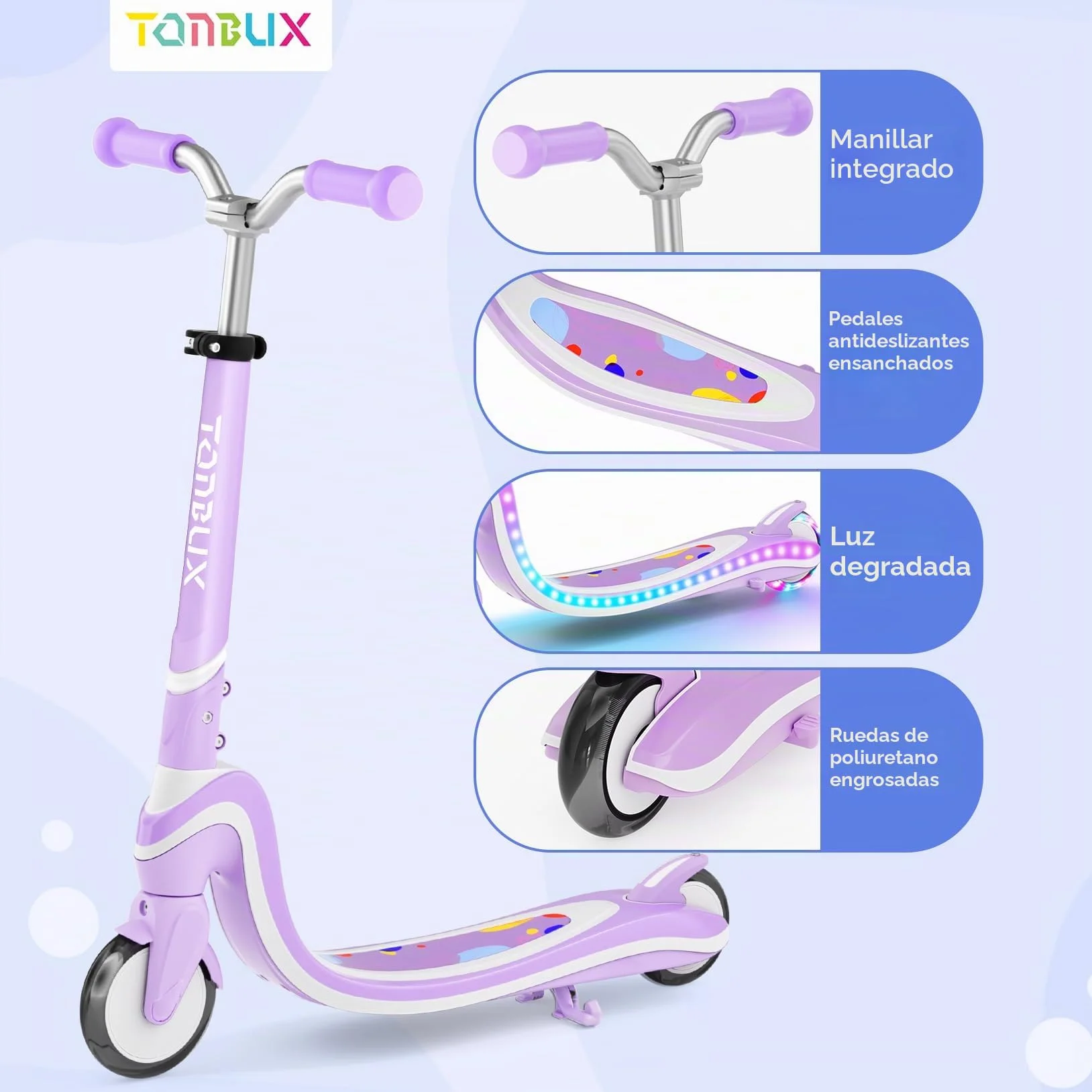 TONBUX Patinete Niños de 3 a 12 Años con Cubierta Iluminada y Ruedas de Poliuretano, 3 Niveles de Altura Ajustable con Soporte, Ligero, Patinete para Niños de 3 Años