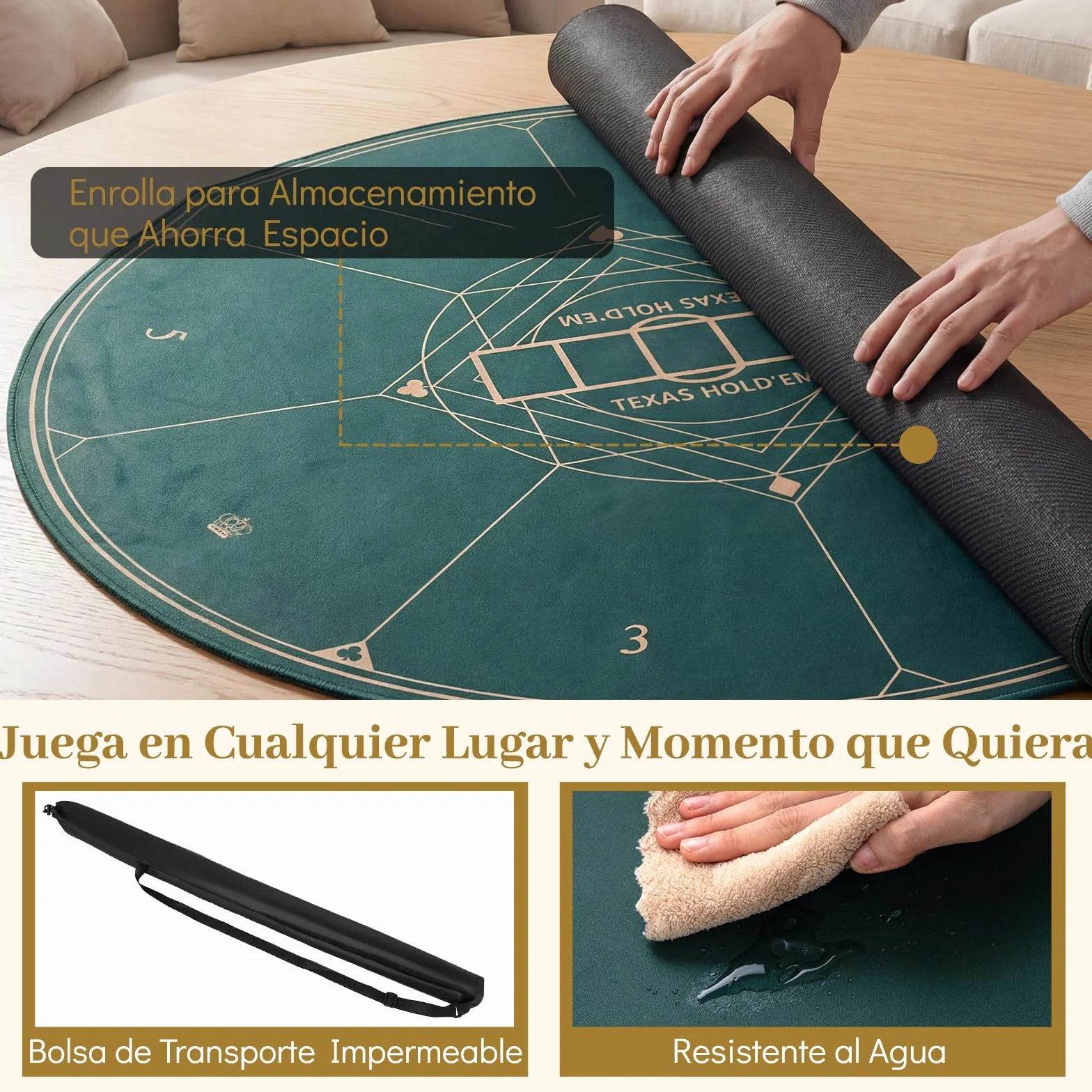 COSTWAY Tapete de Póquer Redondo para Texas Hold'em, Base de Goma Antideslizante Plegable, Bolsa de Transporte, Alfombra de Mesa de Póker de Casino para 8 Jugadores Cartas Blackjack (100 cm)