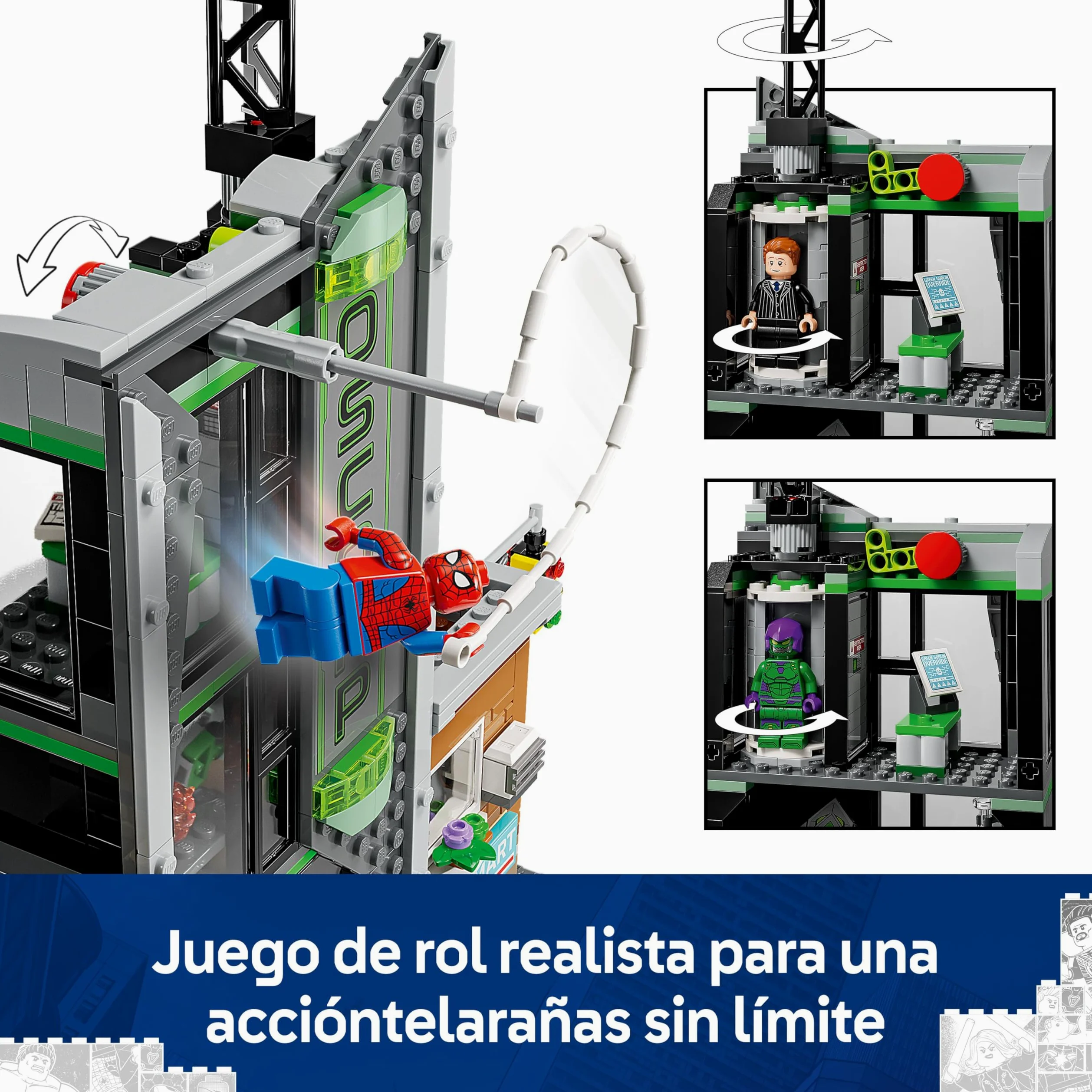 LEGO ǀ Marvel Spider-Man vs. Oscorp - Juguete Interactivo con Moto, 8 Minifiguras Inc. Miles Morales, Duende Verde y Spider-Woman - Regalo de Superhéroes para Niños de 10+ Años y Fans 76324