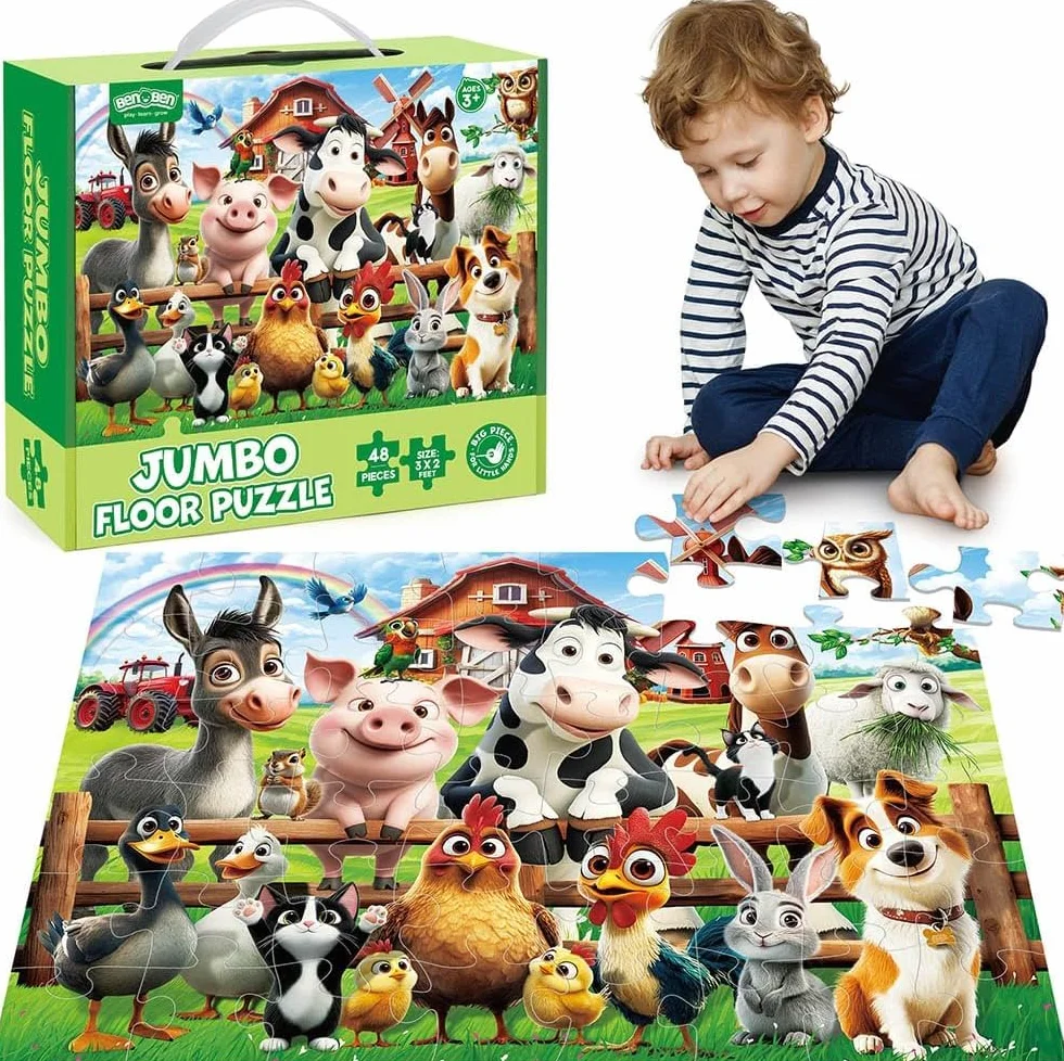 BenBen Puzzle Niños 3 Años de 48 Piezas, Puzzle de Suelo Grande a Partir de 3, 4 y 5 Años, XXL 90 x 60 cm, Regalo para Niñas, Infantil (Animales)