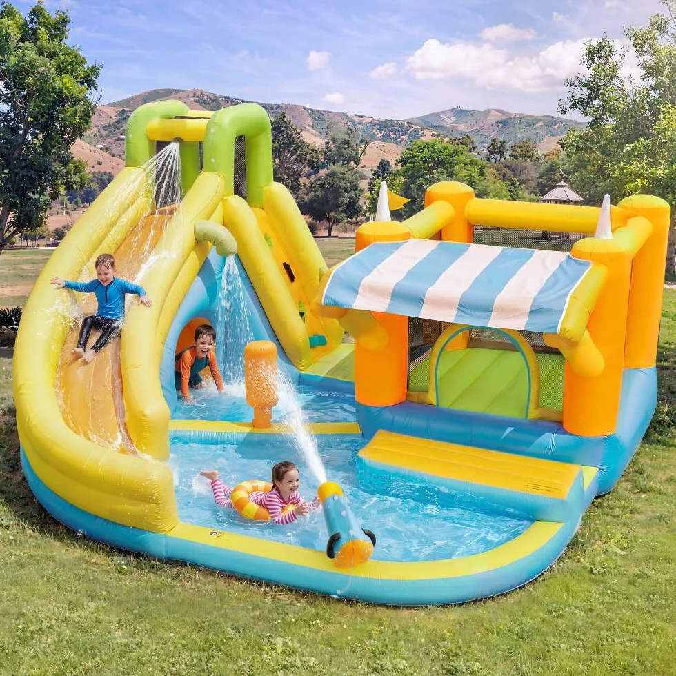 Castillo Hinchable con tobogán acuático y Piscina, Castillo Hinchable de Juegos acuáticos para Exteriores, Parque Infantil acuático con Ventilador, Juguete Hinchable Grande para niños (433x375x165cm)