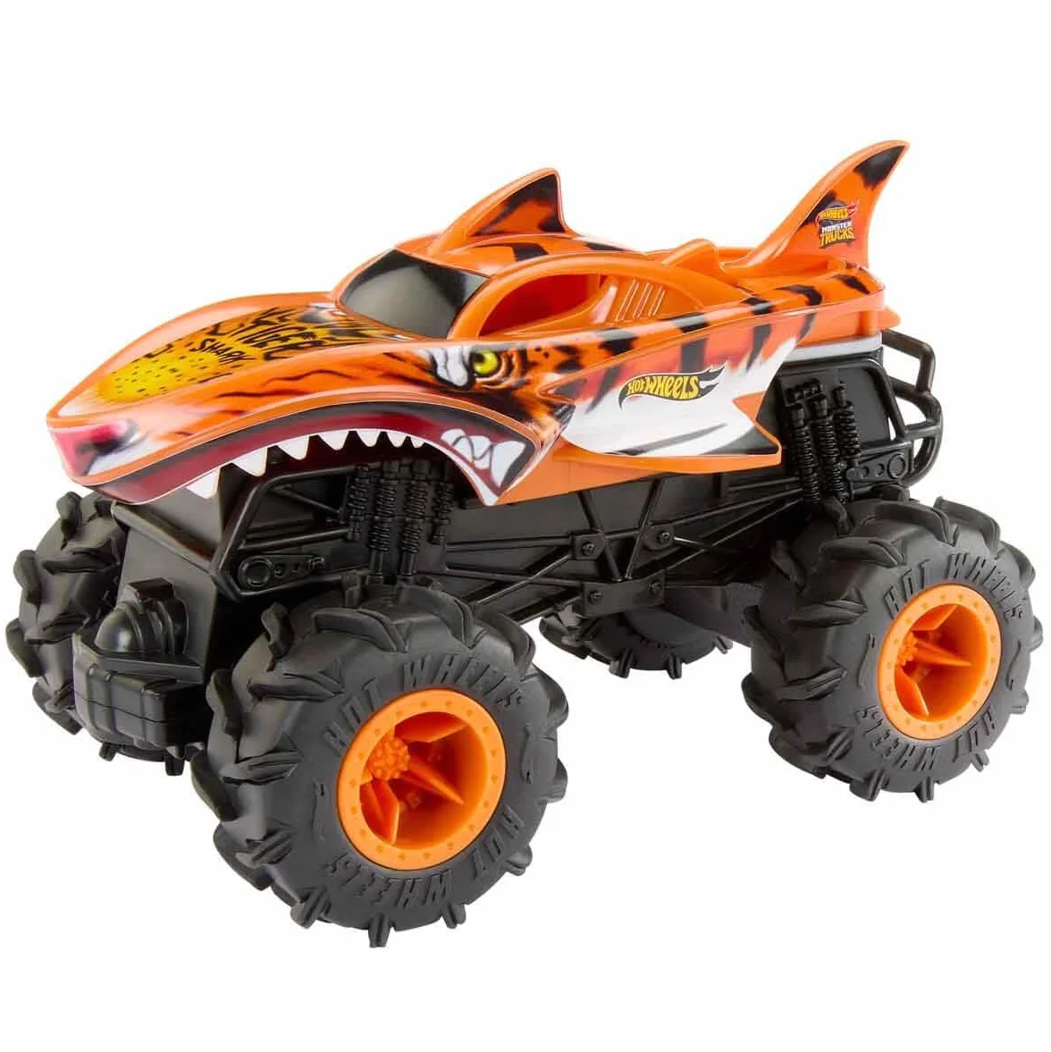 Hot Wheels Monster Trucks Coche Teledirigido, HW Tiger Shark RC, Coche de juguete todoterreno con mando radio control con alcance de 30 metros, escala 1:24, regalo para niños y niñas +4 años, HNV03