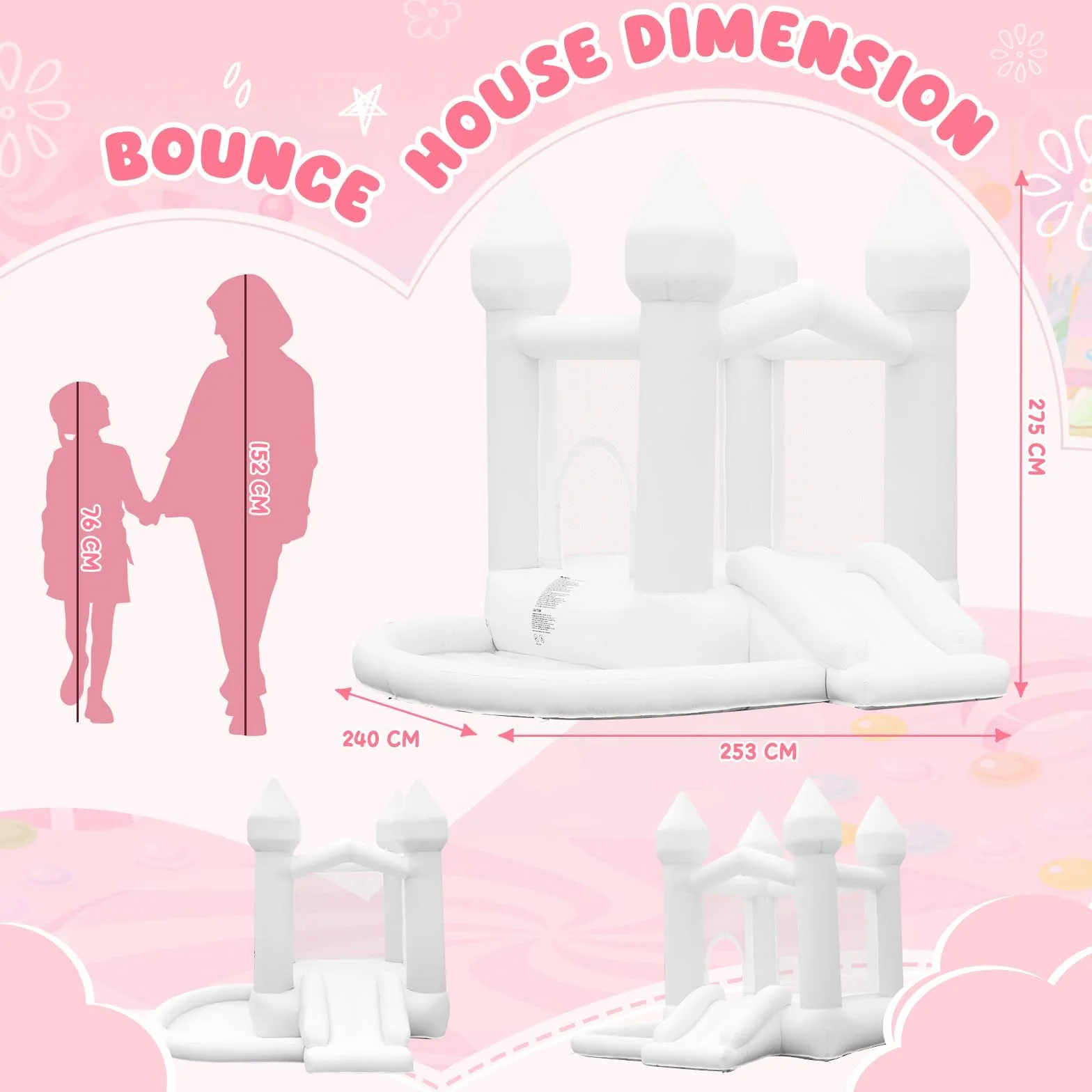 Castillo Hinchable Blanco para Niños con Soplador, Castillo Hinchable Interior Exterior con Tobogán, Trampolín, Gran Piscina de Bolas, para Boda Fiesta Cumpleaños, para 3-10 años, hasta 140 kg