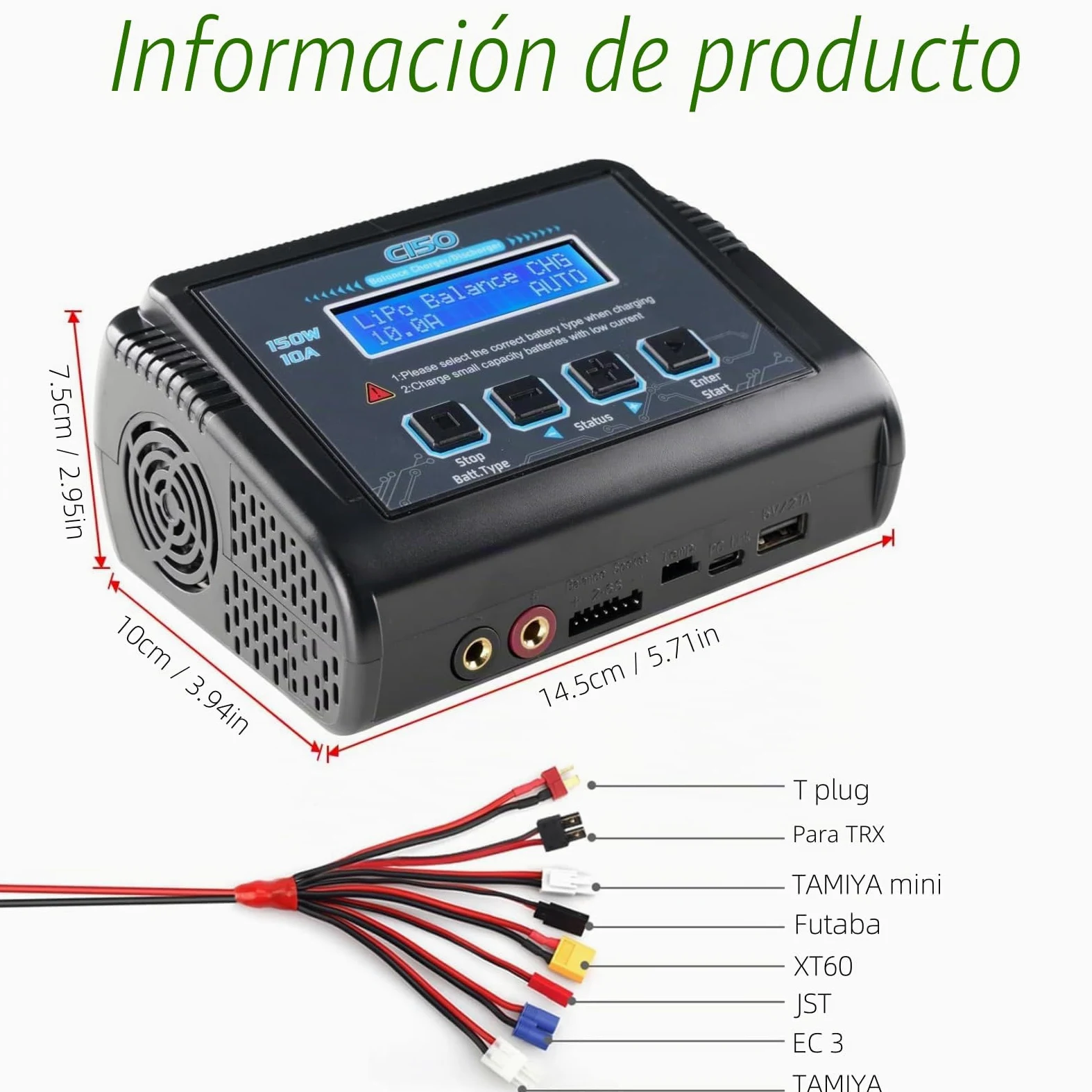 Cargador/descargador Inteligente de baterías de Litio C150 de 150 W y 10 A, Cargador RC para baterías LiPo, Li-Ion, Life, LiHV, NiMH, NiCd y PB, con Control por Pantalla LCD, múltiples interfaces