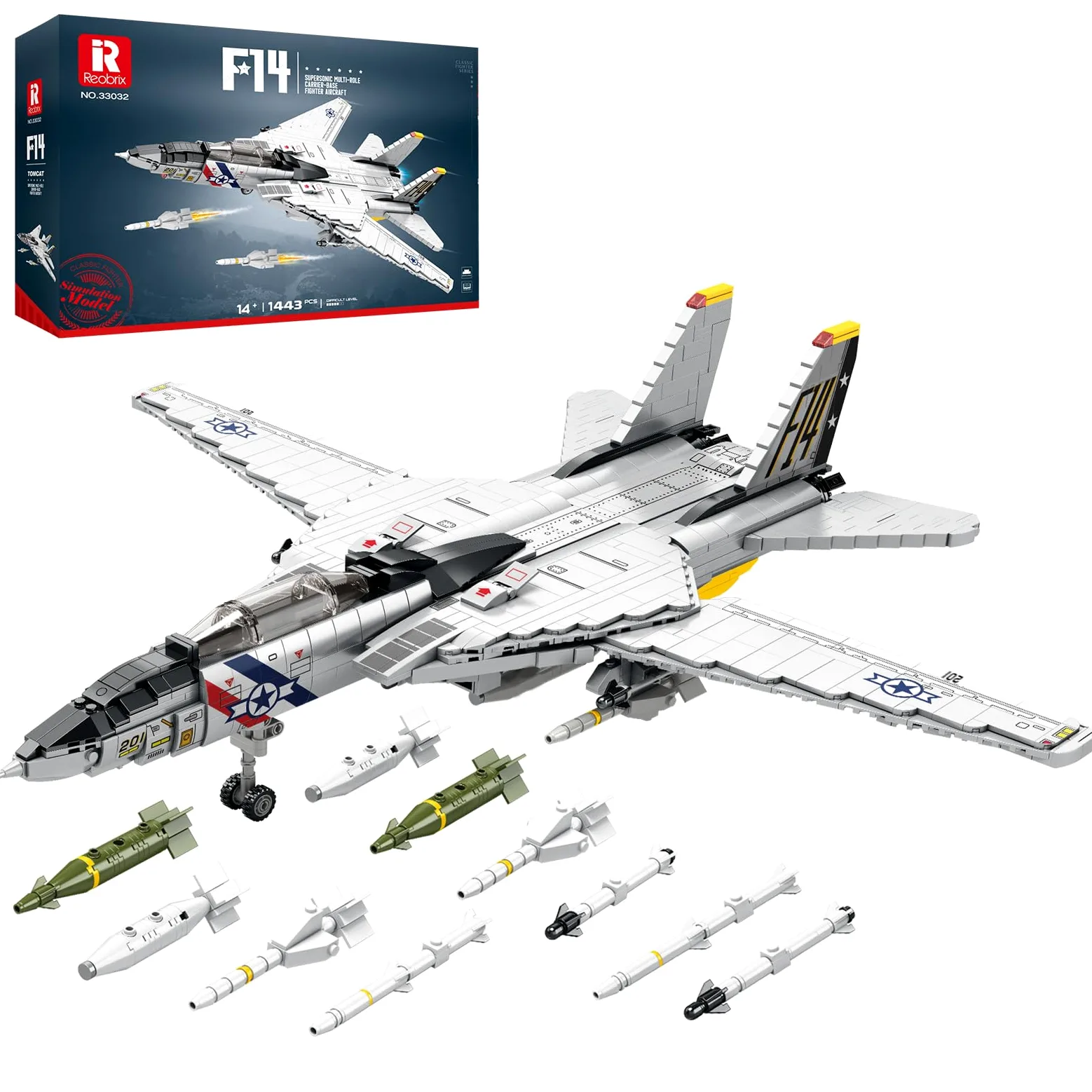 Reobrix F-14 Tomcat Fighter Jet - Juego de construcción de 1600 bloques de alas móviles, kit de modelo de avión militar para adultos y niños a partir de 14 años, unisex, no plegable