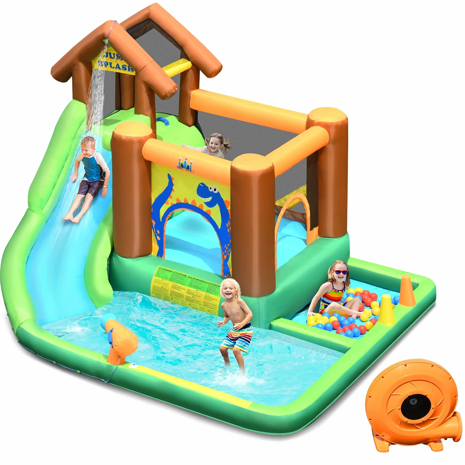 COSTWAY Parque Acuático Inflable con Tobogán, Tobogán Inflable en Tejido Oxford con Piscina Pared para Escalar Hidrante de Agua Casita Piscina con Pelotas, con Compresor